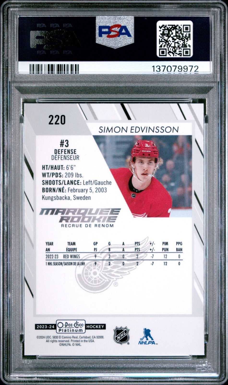 2023-24 O-Pee-Chee Platinum Marquee Rookie #220 SIMON EDVINSSON PSA 9-137079972