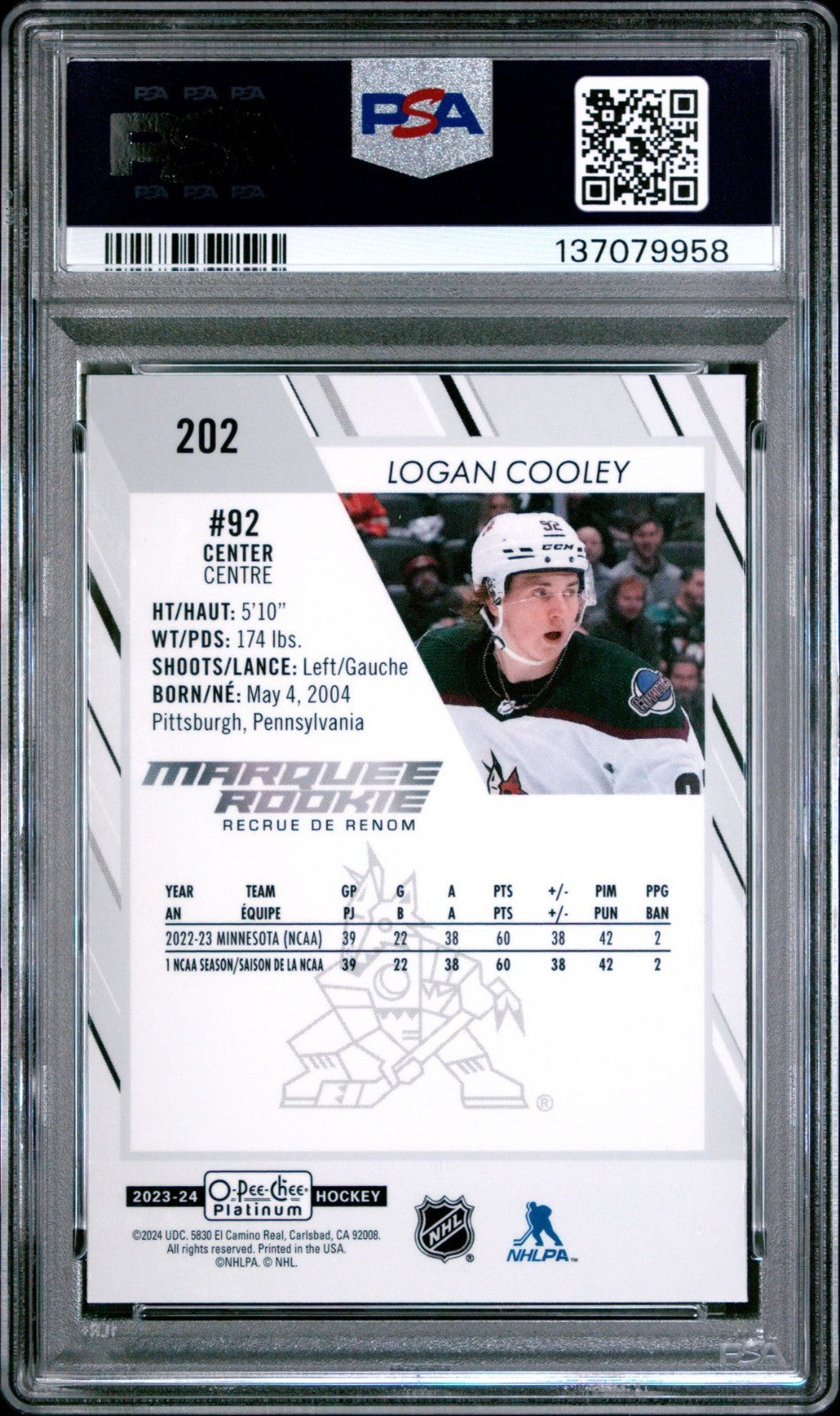 2023-24 O-Pee-Chee Platinum Marquee Rookie #202 LOGAN COOLEY PSA 9