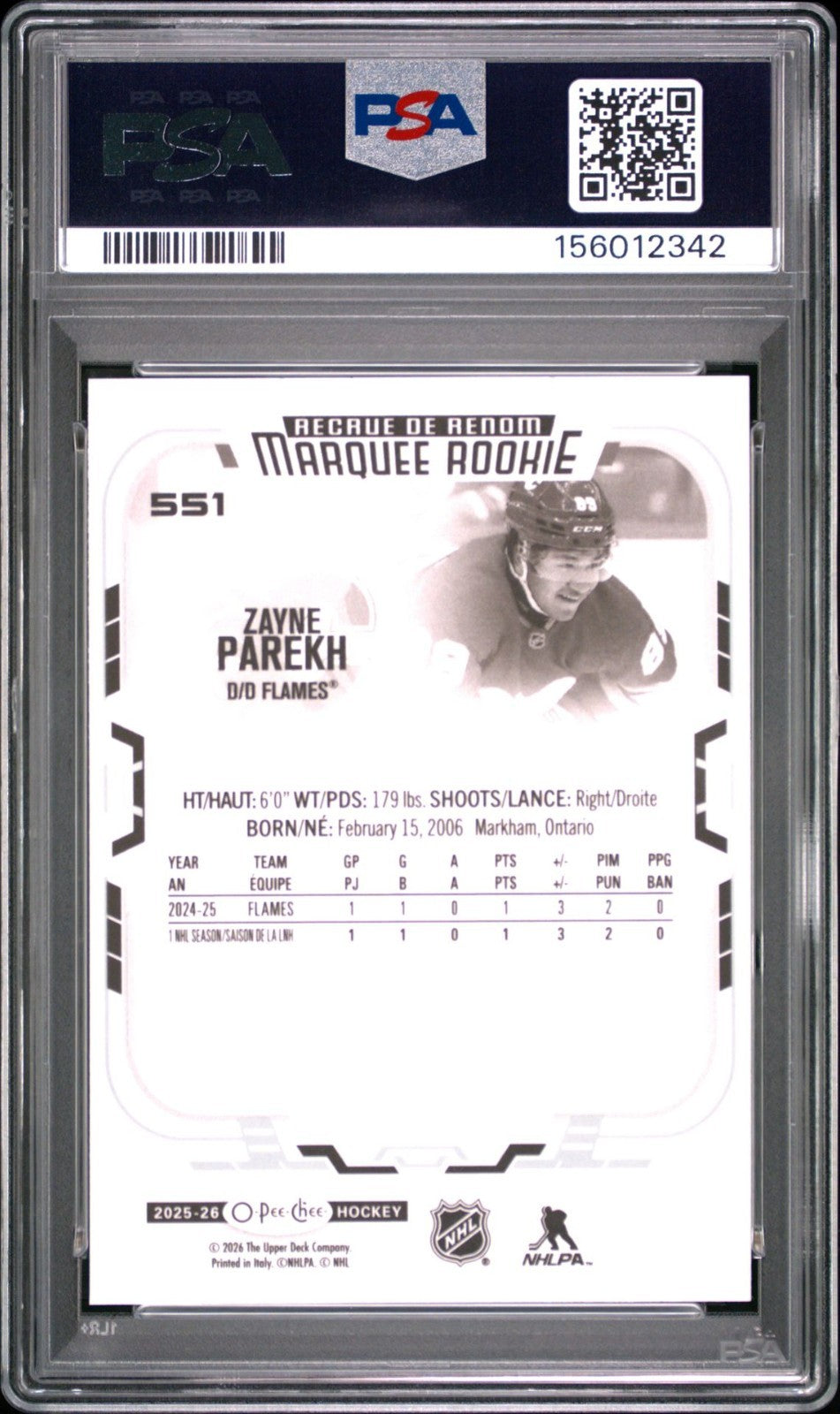 2025-26 O-Pee-Chee O-Pee-Chee #551 Zayne Parekh PSA 10 Graded trading card