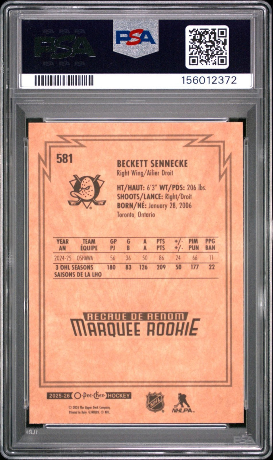2025-26 O-Pee-Chee O-Pee-Chee #581 Beckett Sennecke PSA 10 Graded trading card