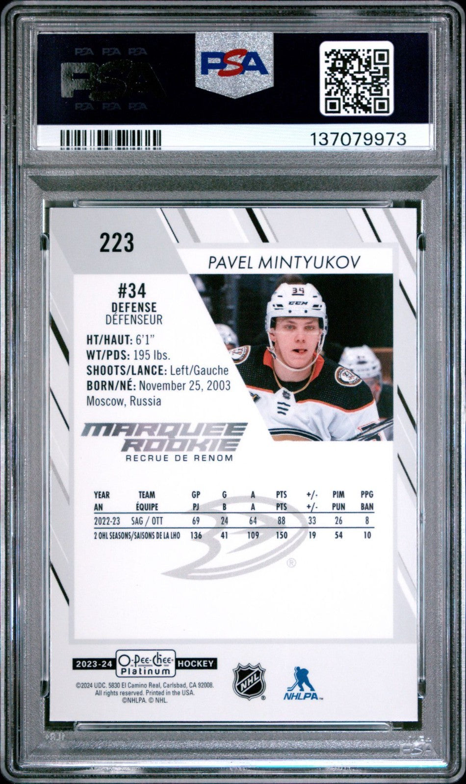 2023-24 O-Pee-Chee Platinum O-Pee-Chee Platinum #223 Pavel Mintyukov Ultra Rare PSA 10 Graded trading card