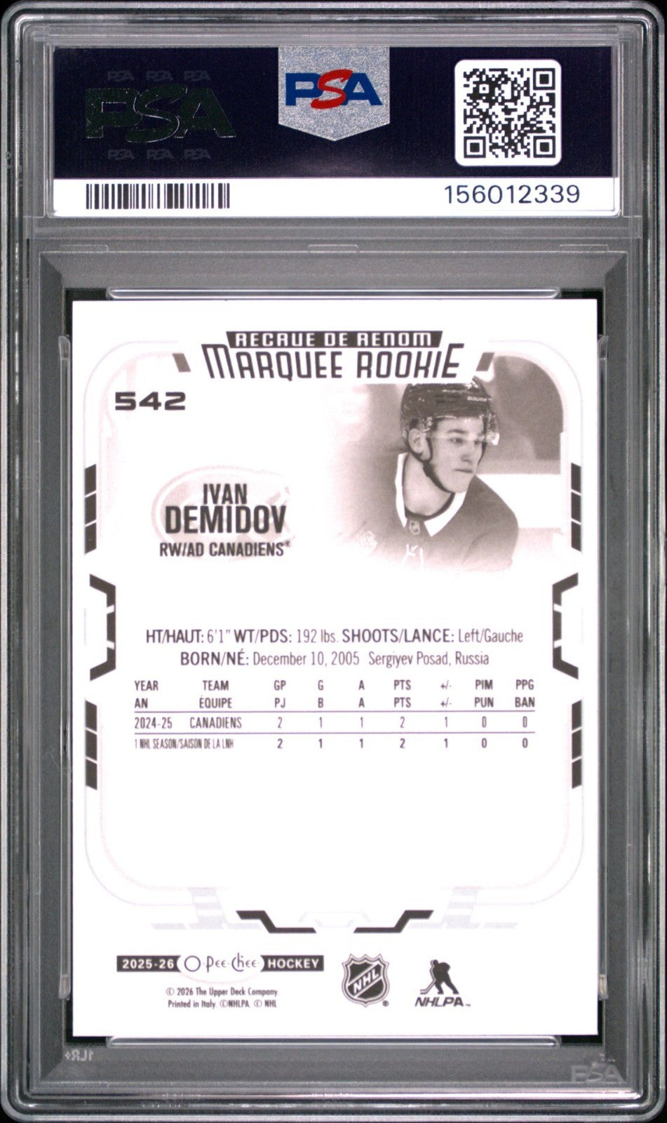 2025-26 O-Pee-Chee O-Pee-Chee #542 Ivan Demidov PSA 10 Graded trading card