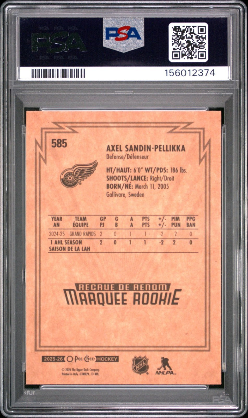 2025-26 O-Pee-Chee O-Pee-Chee #585 Axel Sandin-Pellikka PSA 10 Graded trading card