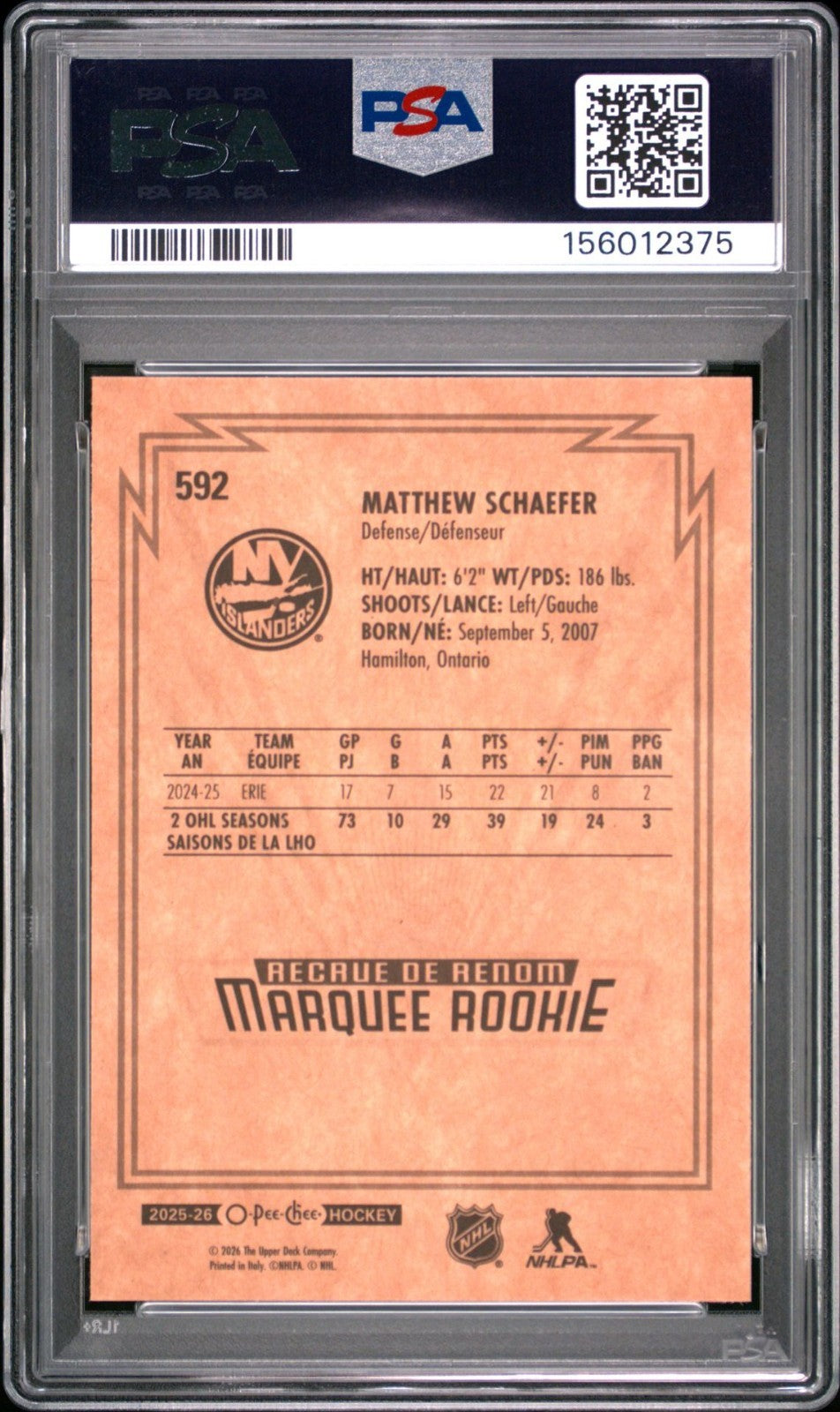2025-26 O-Pee-Chee O-Pee-Chee #592 Matthew Schaefer PSA 9 Graded trading card