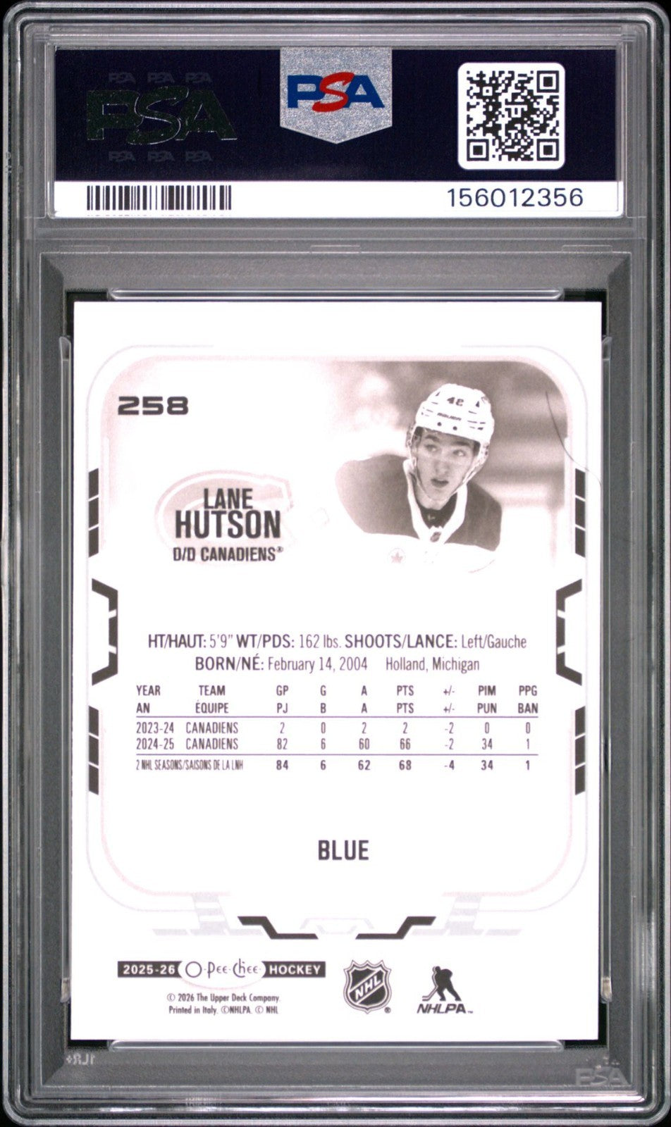 2025-26 O-Pee-Chee O-Pee-Chee #258 Lane Hutson PSA 10 Graded trading card
