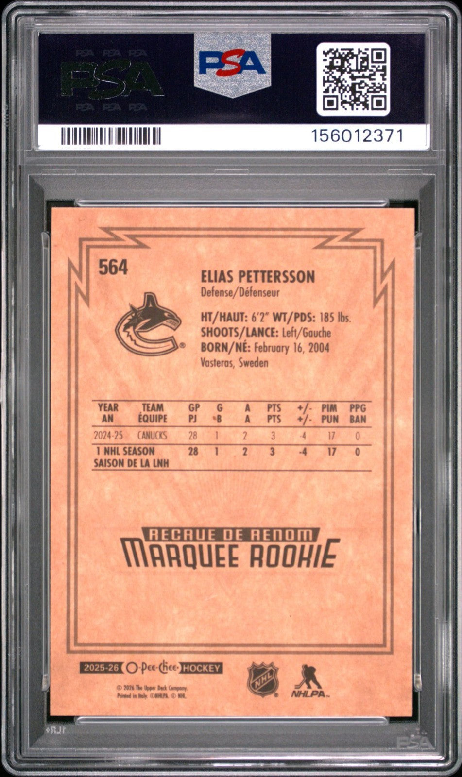 2025-26 O-Pee-Chee O-Pee-Chee #564 Elias Pettersson PSA 10 Graded trading card