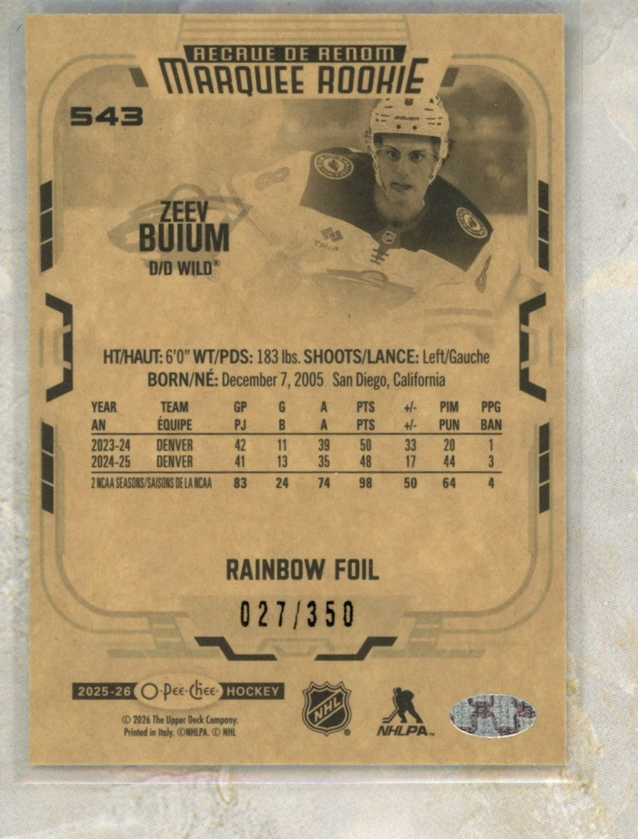 2025-26 O-Pee-Chee O-Pee-Chee #543 Zeev Buium Minnesota Wild Raw trading card