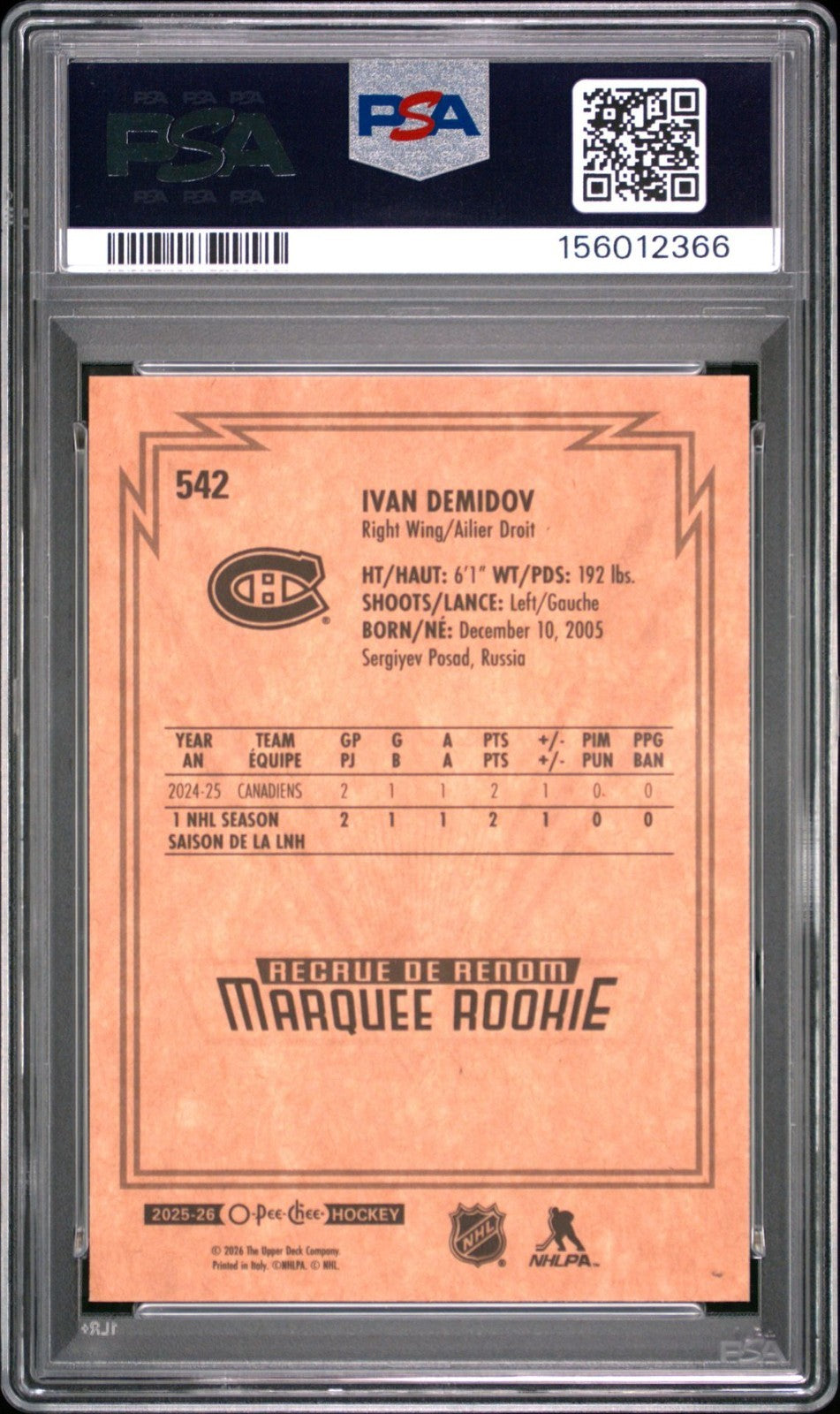 2025-26 O-Pee-Chee O-Pee-Chee #542 Ivan Demidov PSA 10 Graded trading card