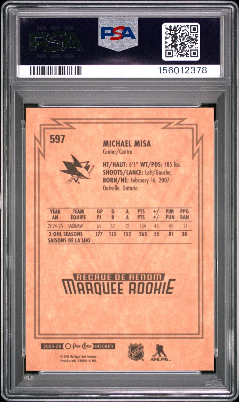 2025-26 O-Pee-Chee O-Pee-Chee #597 Michael Misa PSA 10 Graded trading card