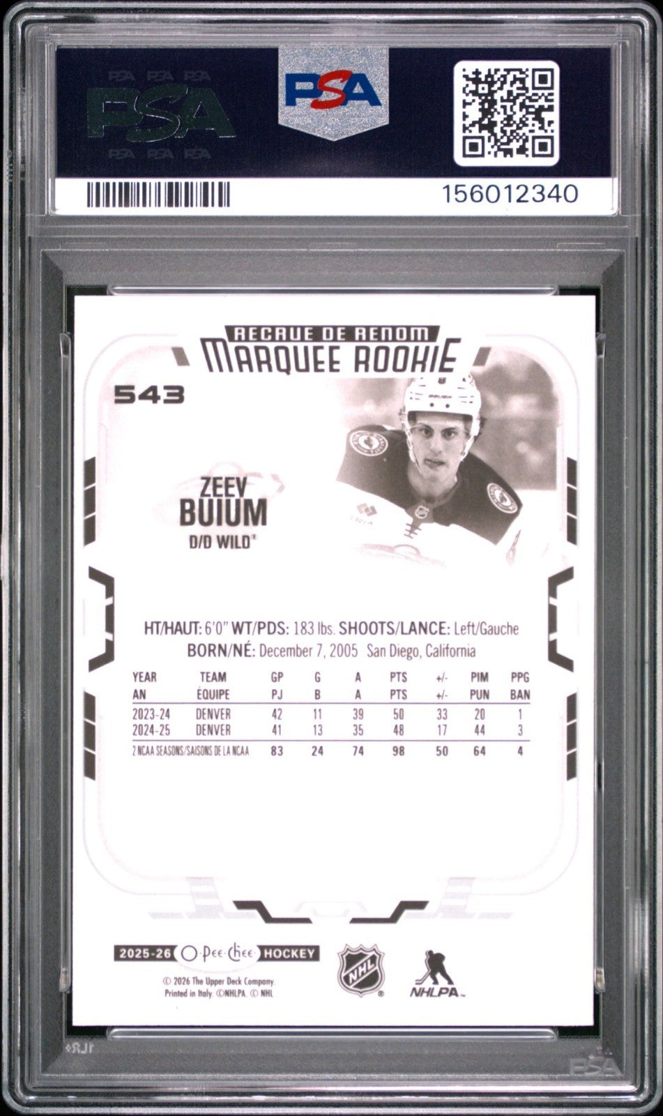 2025-26 O-Pee-Chee O-Pee-Chee #543 Zeev Buium PSA 10 Graded trading card