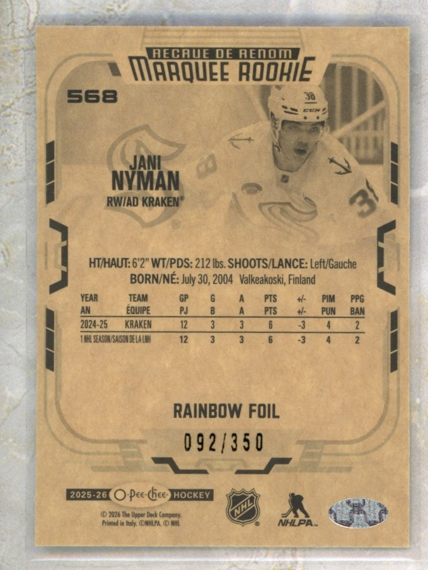 2025-26 O-Pee-Chee O-Pee-Chee #568 Jani Nyman 350 Raw trading card