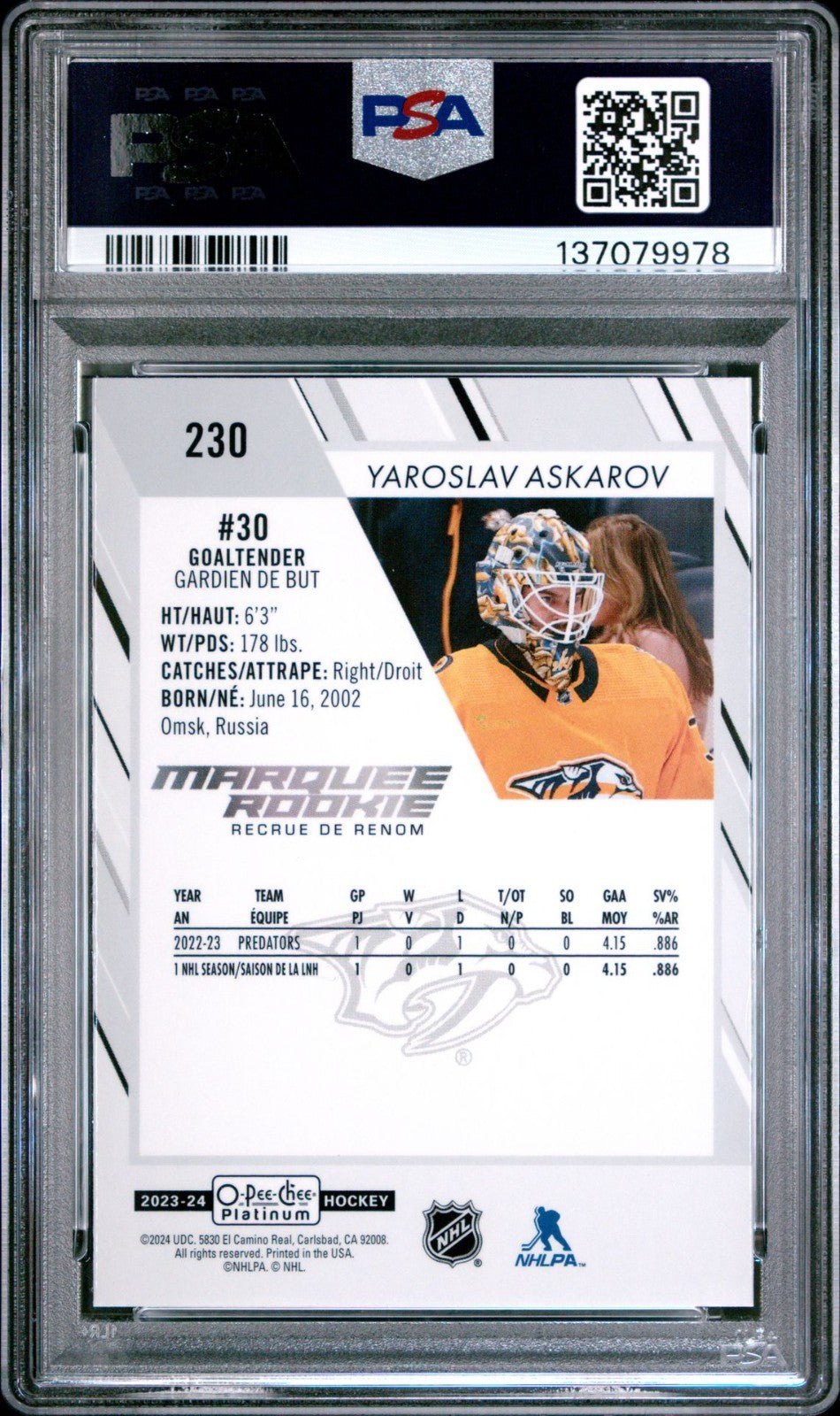 2023-24 O-Pee-Chee O-Pee-Chee #230 Yaroslav Askarov PSA 7 Graded trading card