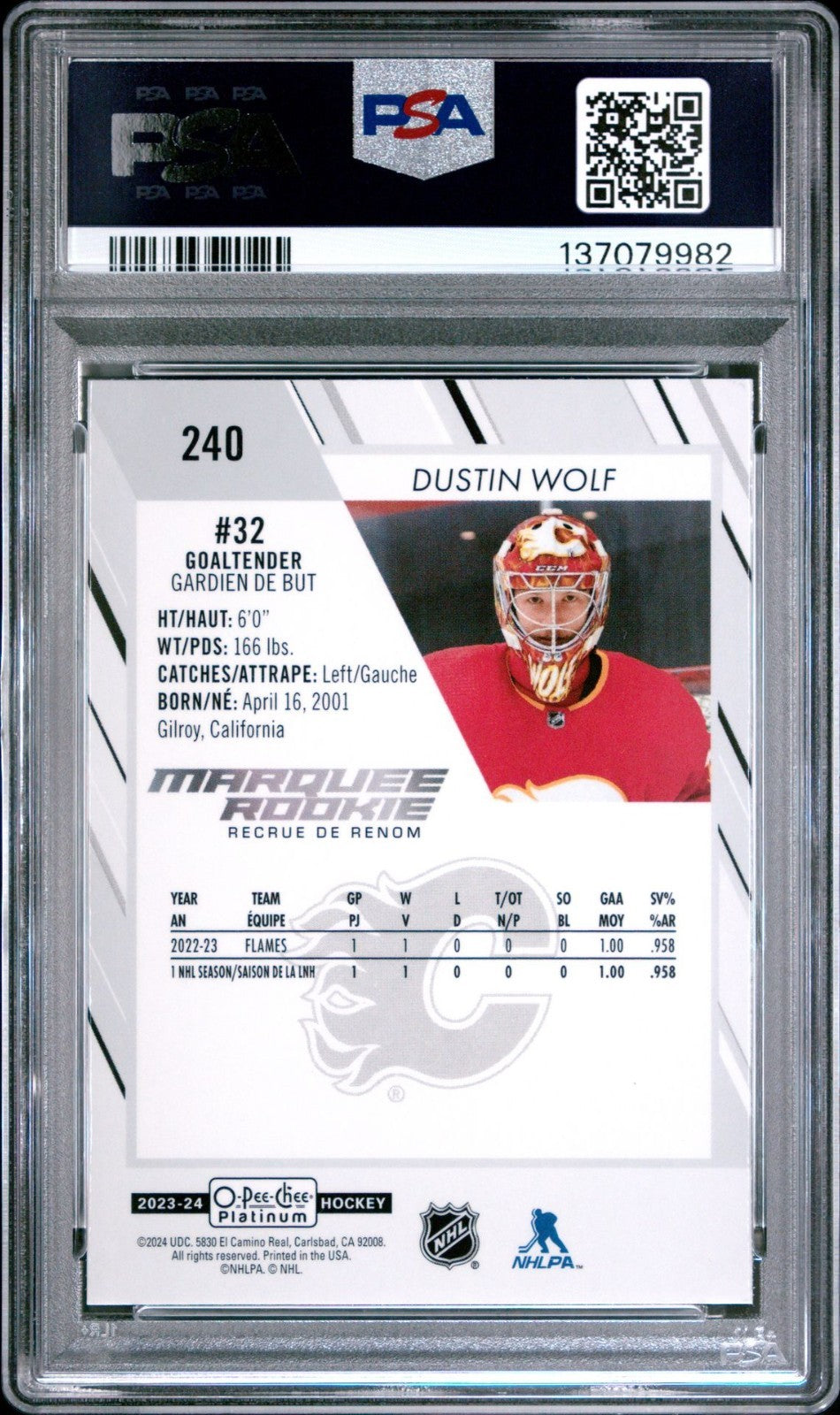 2023-24 O-Pee-Chee Platinum O-Pee-Chee Platinum #240 Dustin Wolf Ultra Rare PSA 9 Graded trading card
