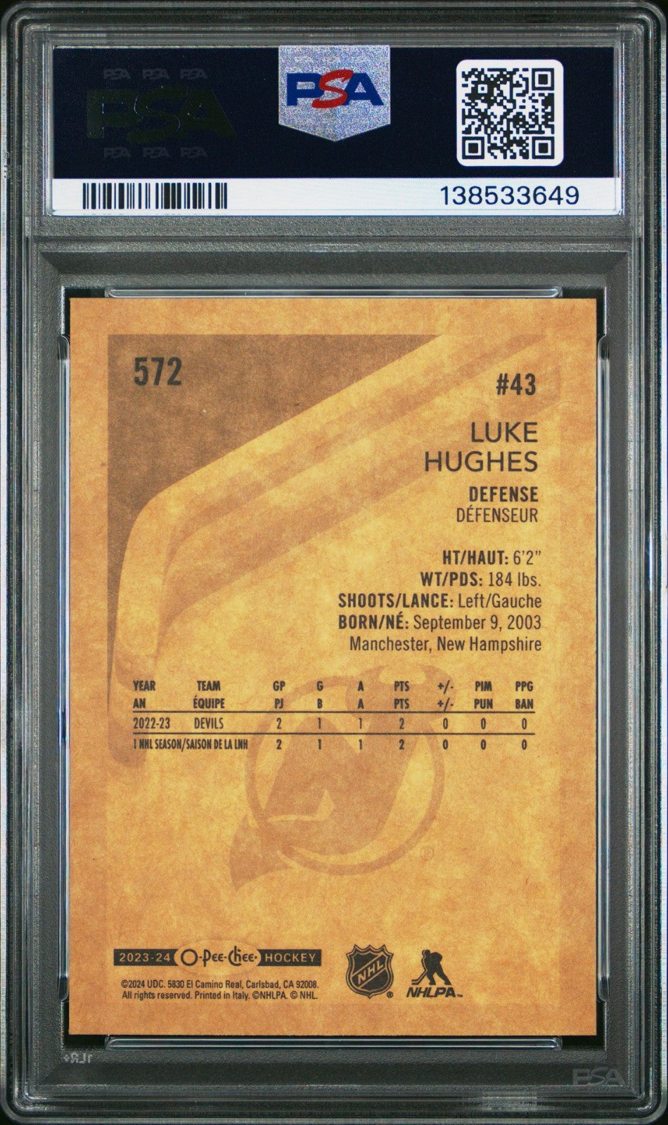 2023-24 O-Pee-Chee O-Pee-Chee #572 Luke Hughes MAR PSA 10 Graded trading card