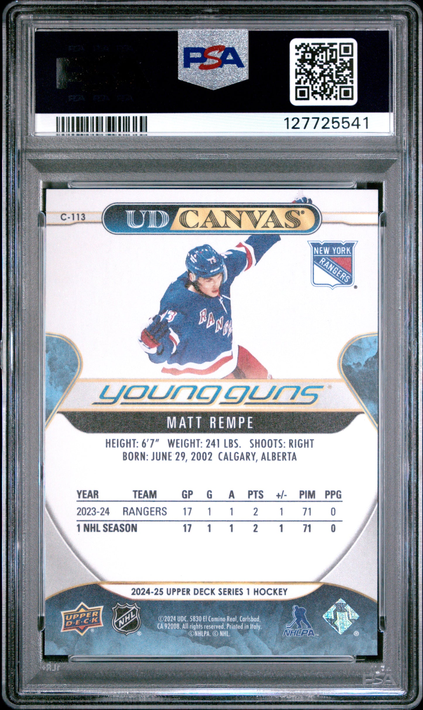 2024-25 Upper Deck Series 1 Matt Rempe #C-113 UD Canvas Young Guns PSA 10 Cert #127725541