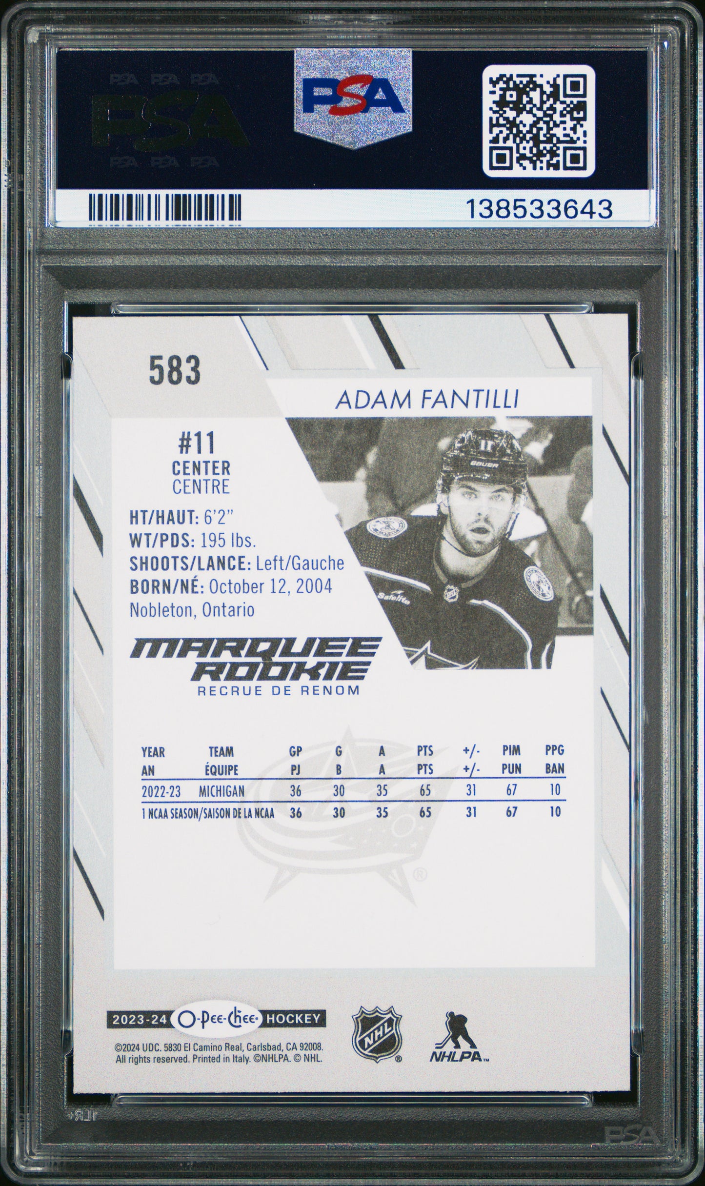2023-24 O-Pee-Chee Hockey Adam Fantilli #583 Marquee Rookie PSA 10 Cert #138533643