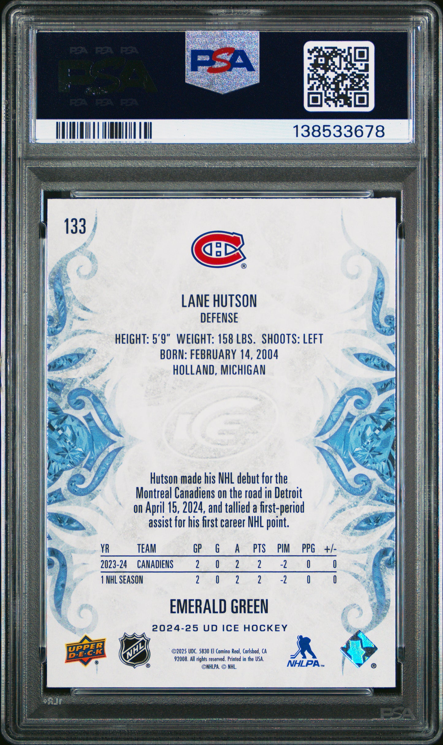 2024-25 Upper Deck Ice Hockey Lane Hutson #133 Emerald Green Rookie PSA 10 Cert #138533678