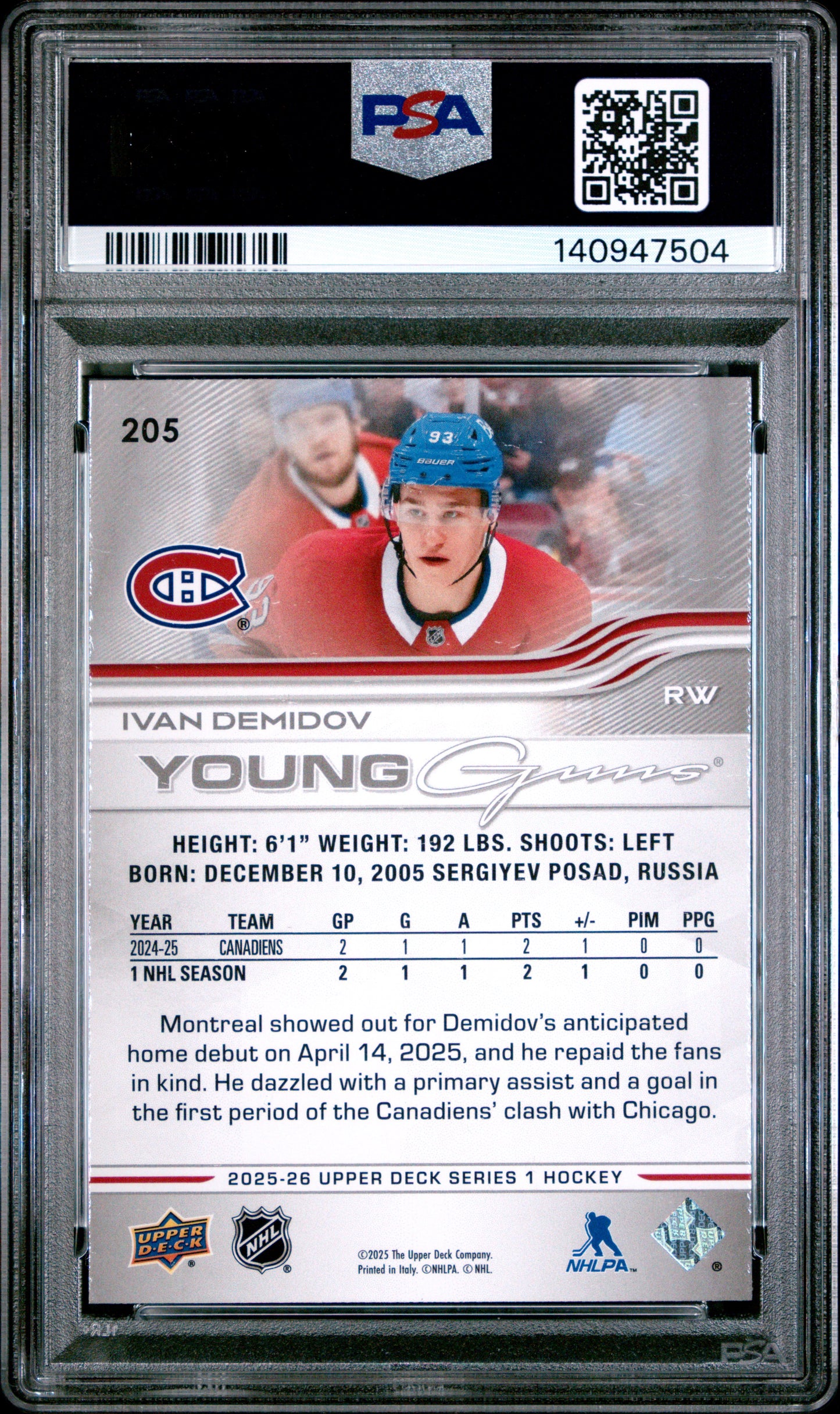 2025-26 Upper Deck Series 1 Hockey Ivan Demidov #205 Young Guns RC — PSA 8 Cert #140947504