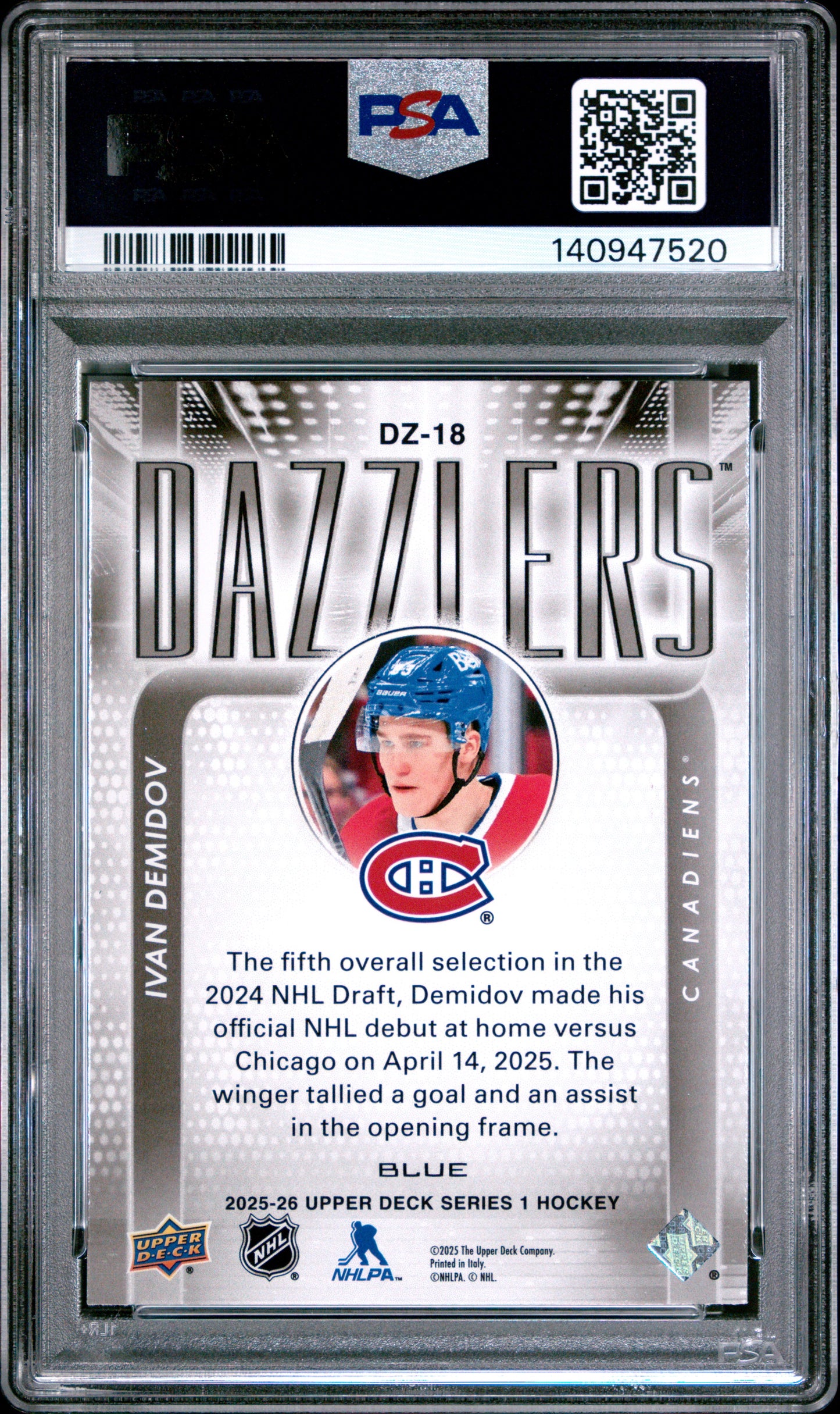 2025-26 Upper Deck Series 1 Hockey Ivan Demidov #DZ-18 Dazzlers Blue PSA 10 Cert #140947520