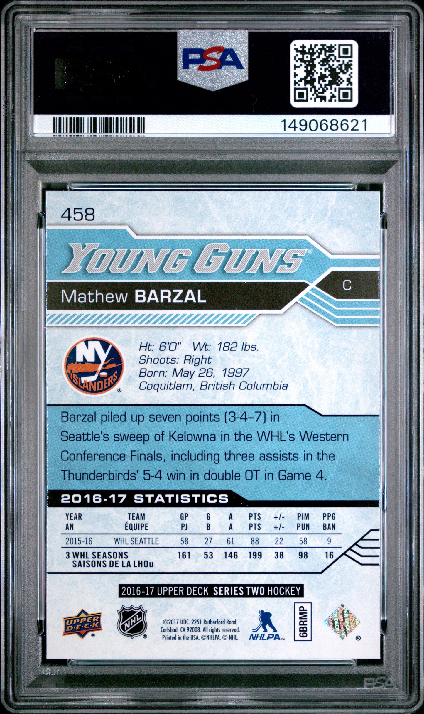 2016-17 Upper Deck Series 2 Mathew Barzal #458 Young Guns PSA 10 Cert #149068621