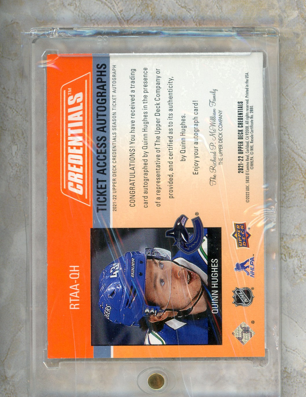 2021-22 Upper Deck Credentials Quinn Hughes Ticket Access Autograph #RTAA-QH Raw