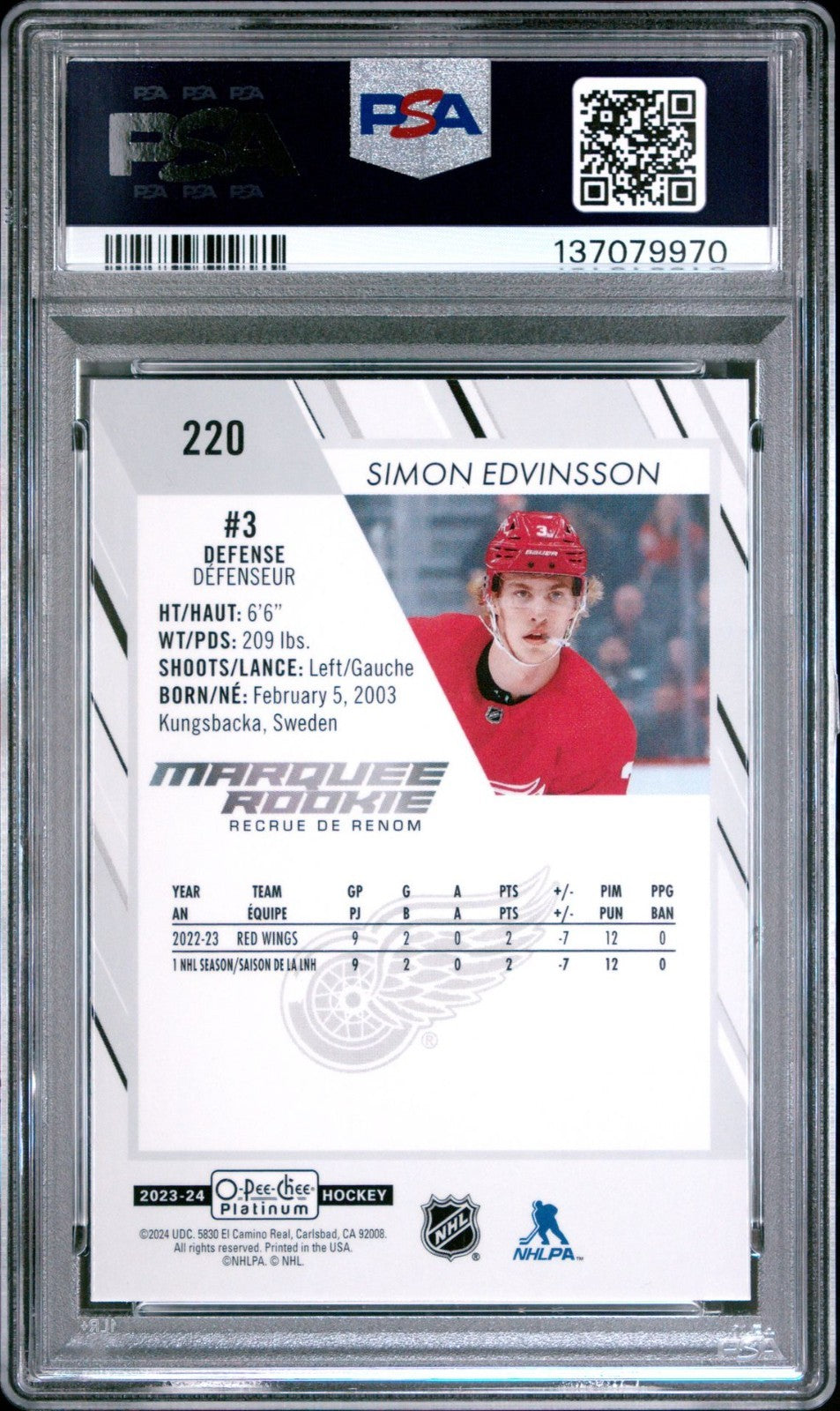 2023-24 O-Pee-Chee Platinum O-Pee-Chee Platinum #220 Simon Edvinsson Ultra Rare PSA 7 Graded trading card