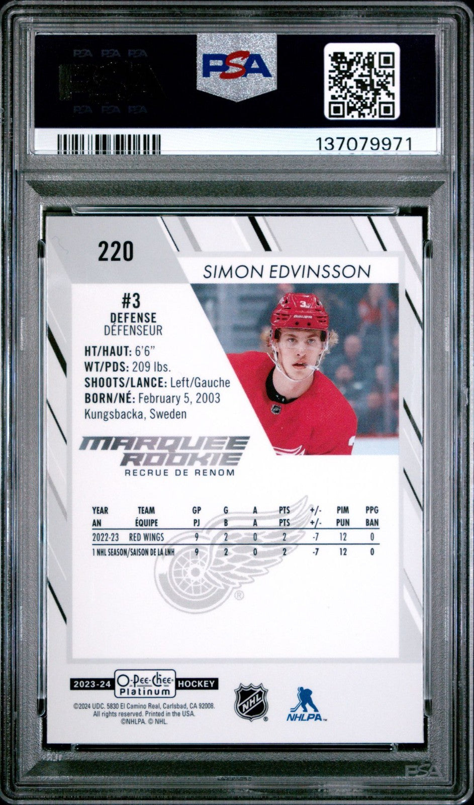 2023-24 O-Pee-Chee Platinum O-Pee-Chee Platinum #220 Simon Edvinsson Ultra Rare PSA 10 Graded trading card