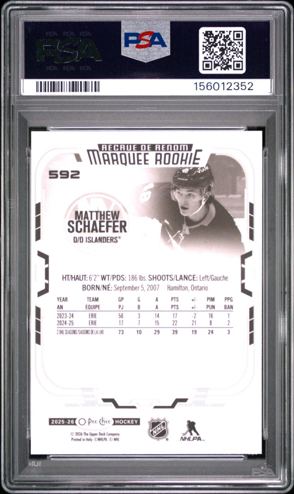 2025-26 O-Pee-Chee O-Pee-Chee #592 Matthew Schaefer PSA 10 Graded trading card