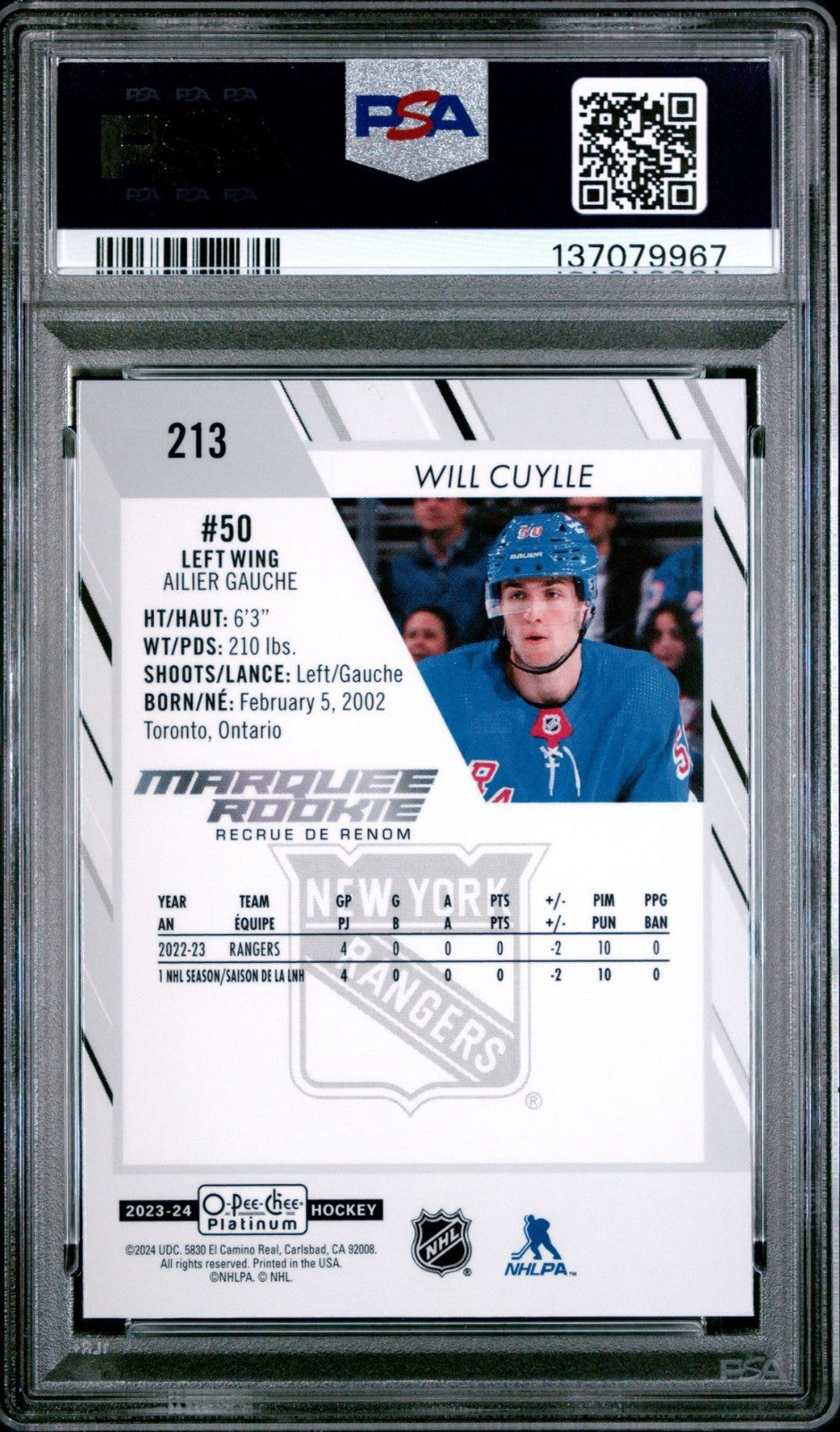 2023-24 O-Pee-Chee Platinum O-Pee-Chee #213 Will Cuylle PSA 10 Graded trading card