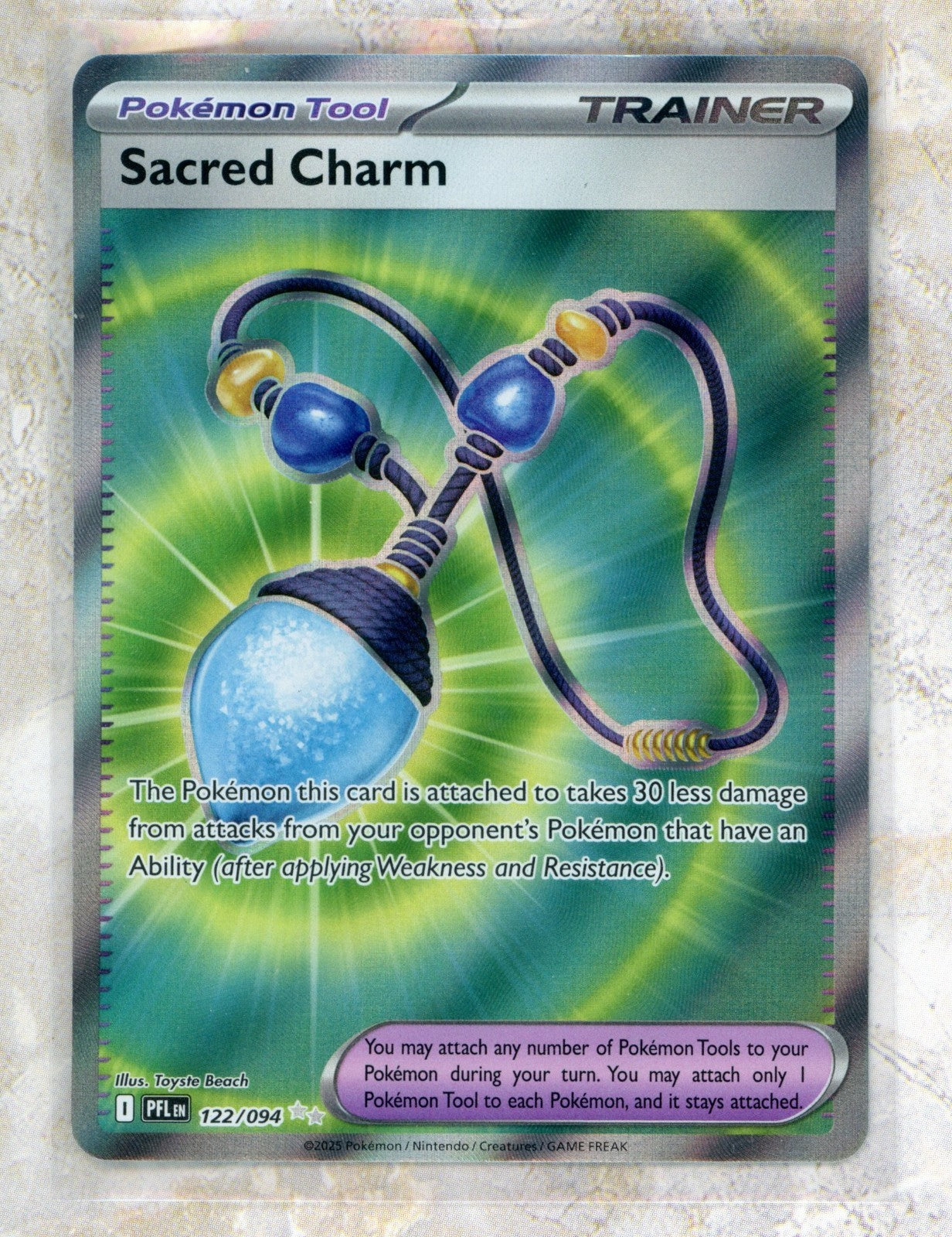2025 Pokemon PFL EN-Phantasmal Flames #122 Sacred Charm UR Raw trading card