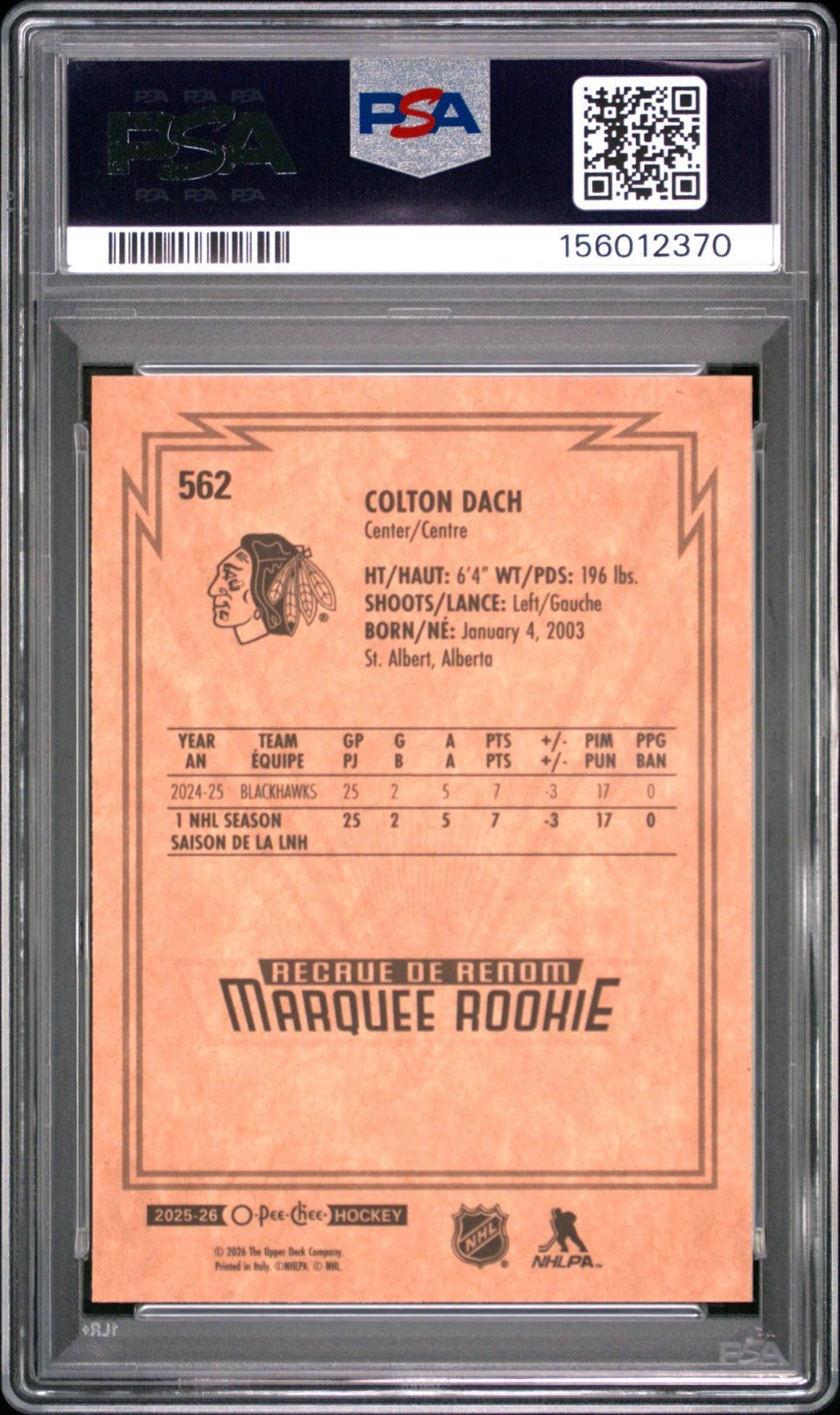 2025-26 O-Pee-Chee O-Pee-Chee #562 Colton Dach PSA 10 Graded trading card