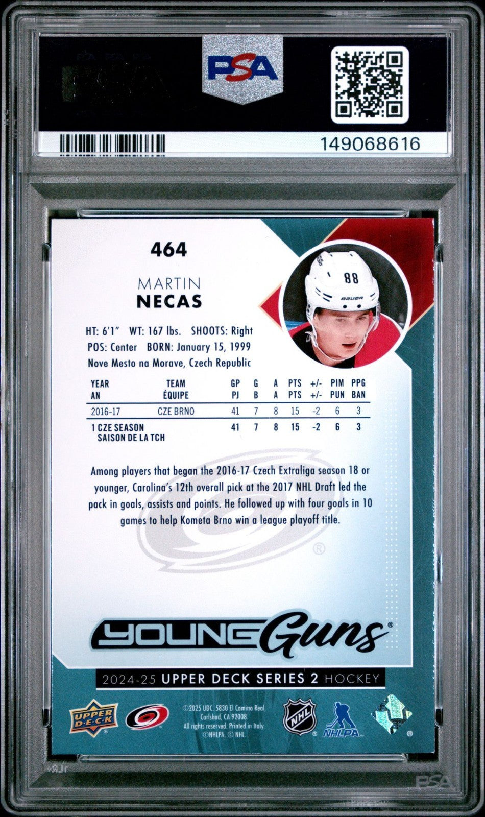 2024-25 Upper Deck Upper Deck #464 Martin Necas MAR PSA 8 Graded trading card