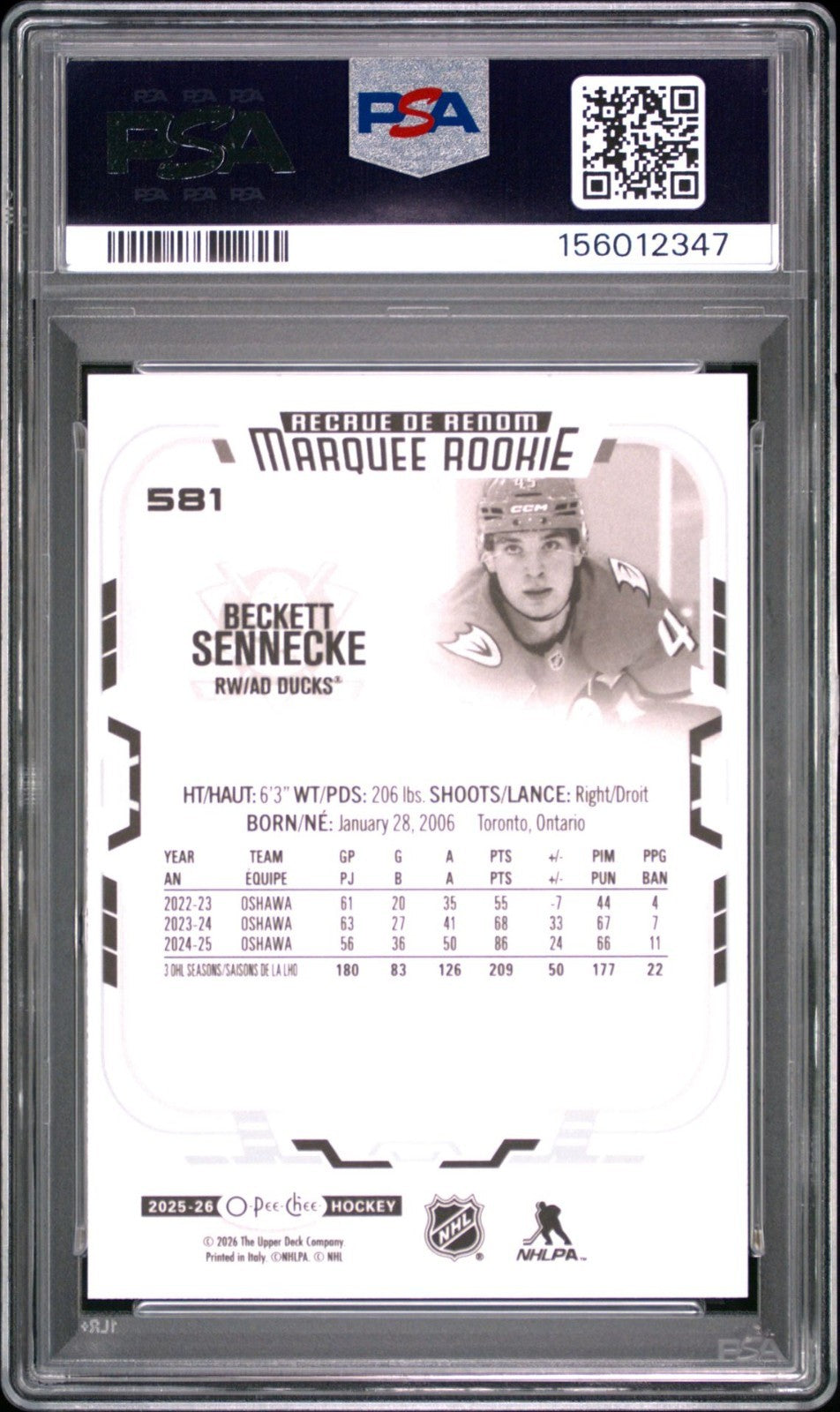 2025-26 O-Pee-Chee O-Pee-Chee #581 Beckett Sennecke PSA 10 Graded trading card