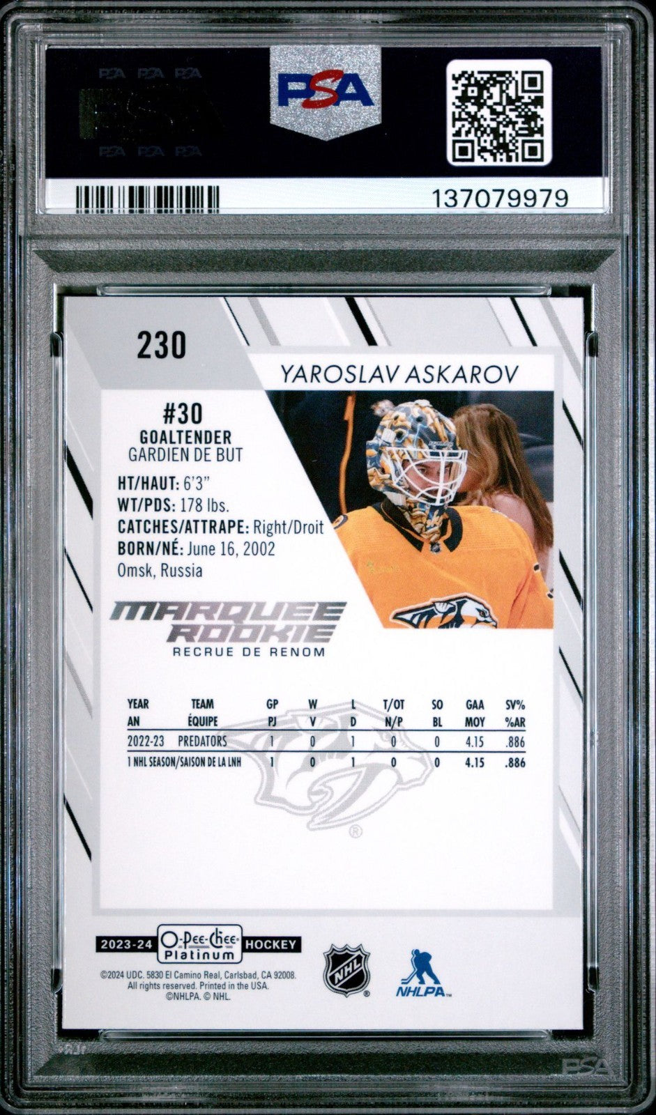 2023-24 O-Pee-Chee Platinum O-Pee-Chee #230 Yaroslav Askarov PSA 9 Graded trading card