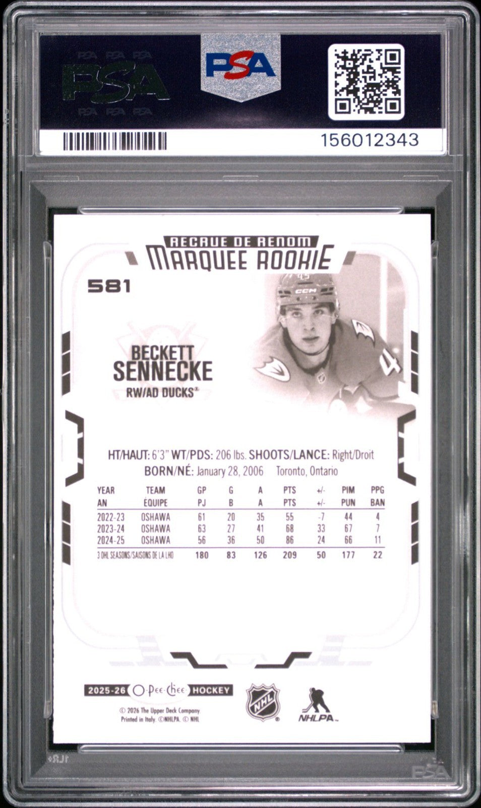 2025-26 O-Pee-Chee O-Pee-Chee #581 Beckett Sennecke PSA 10 Graded trading card