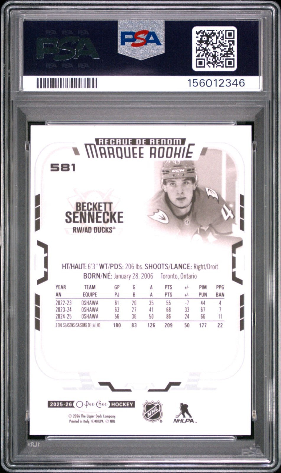 2025-26 O-Pee-Chee O-Pee-Chee #581 Beckett Sennecke PSA 10 Graded trading card