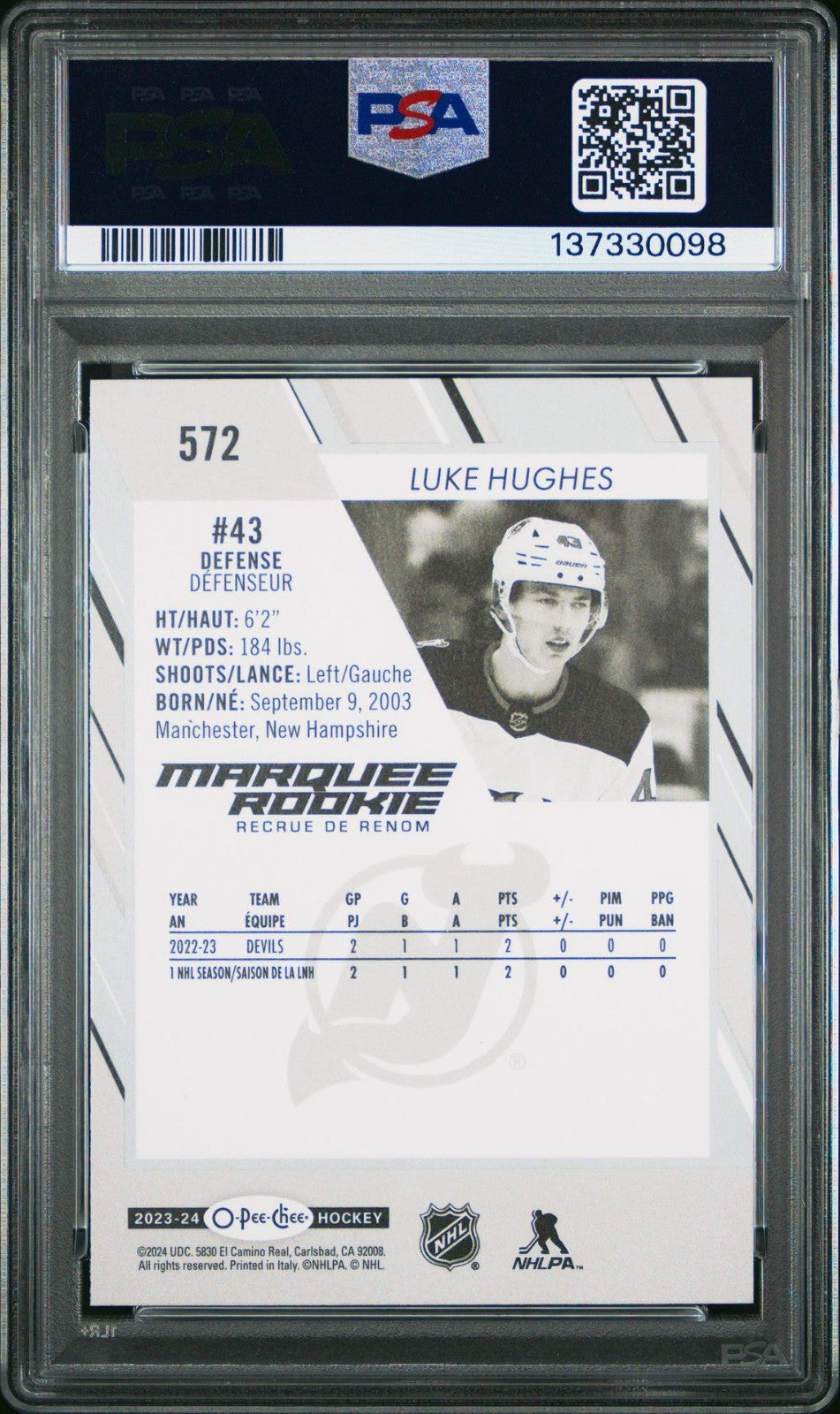2023-24 O-Pee-Chee O-Pee-Chee #572 Luke Hughes Ultra Rare PSA 9 Graded trading card