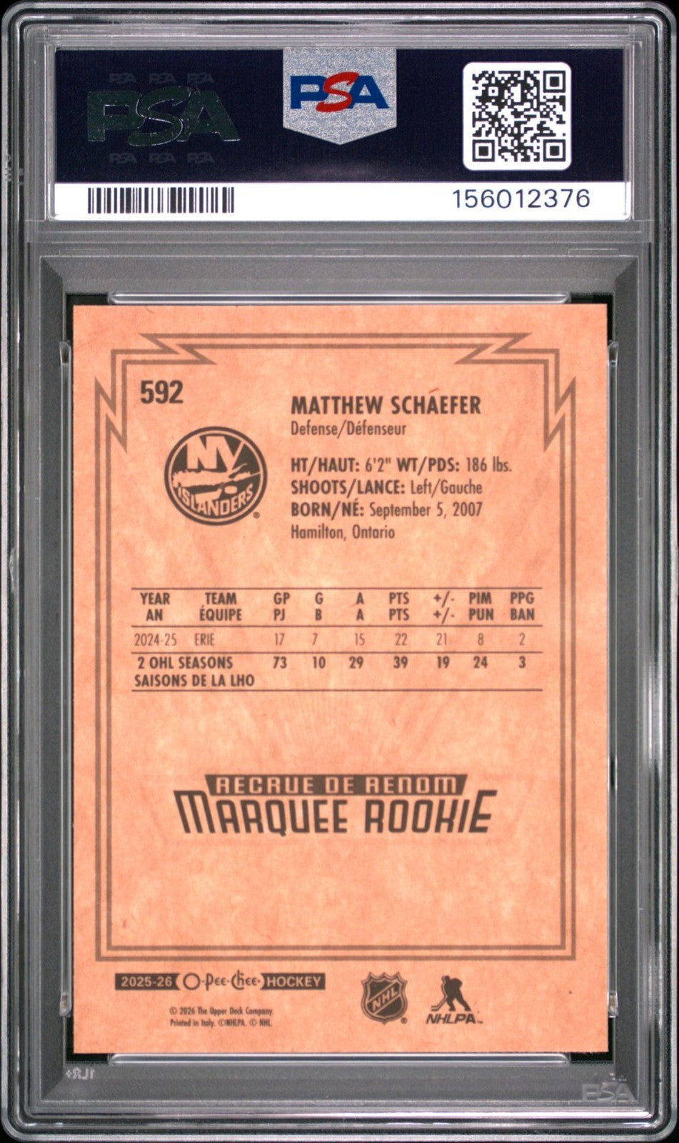 2025-26 O-Pee-Chee O-Pee-Chee #592 Matthew Schaefer PSA 10 Graded trading card