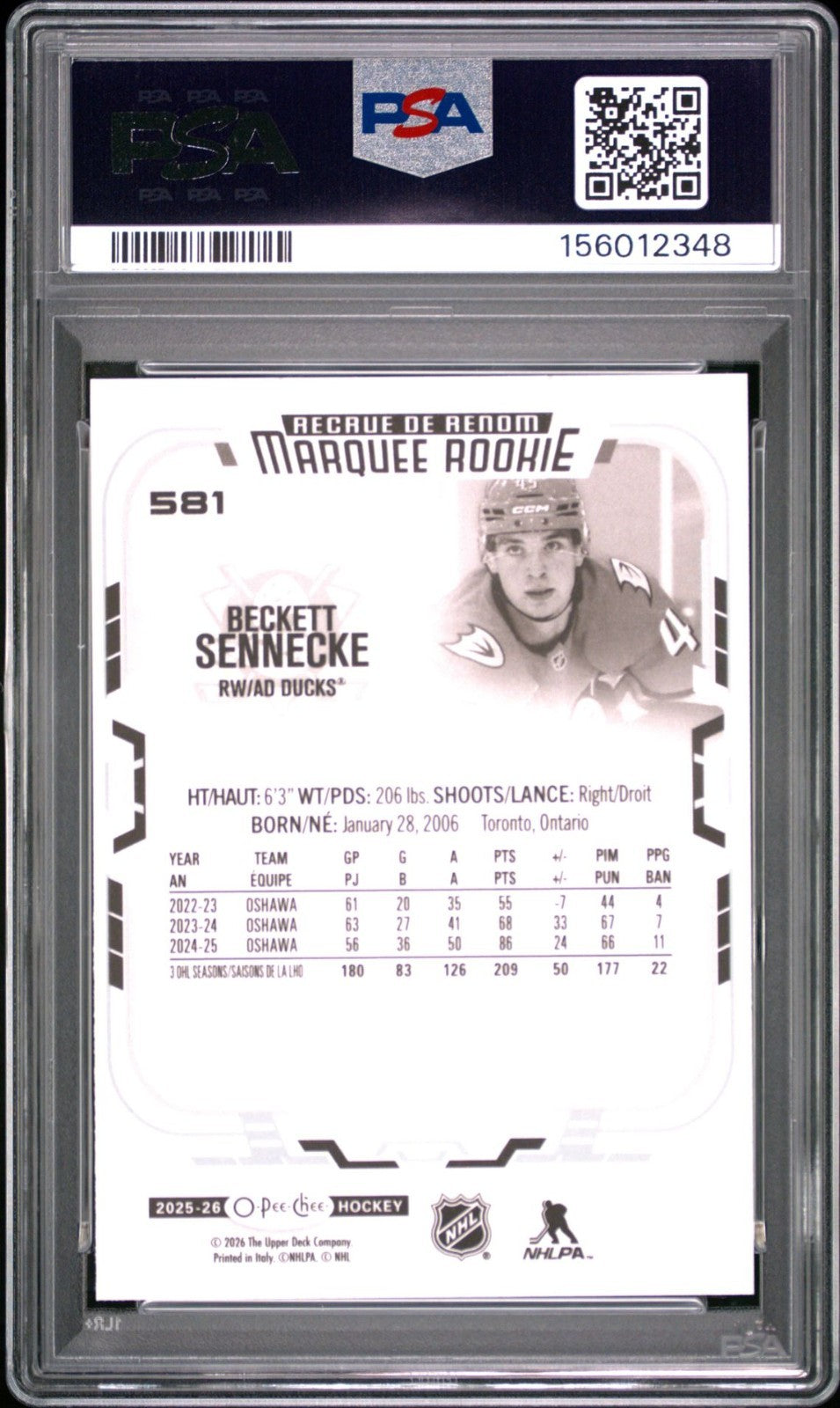 2025-26 O-Pee-Chee O-Pee-Chee #581 Beckett Sennecke PSA 10 Graded trading card