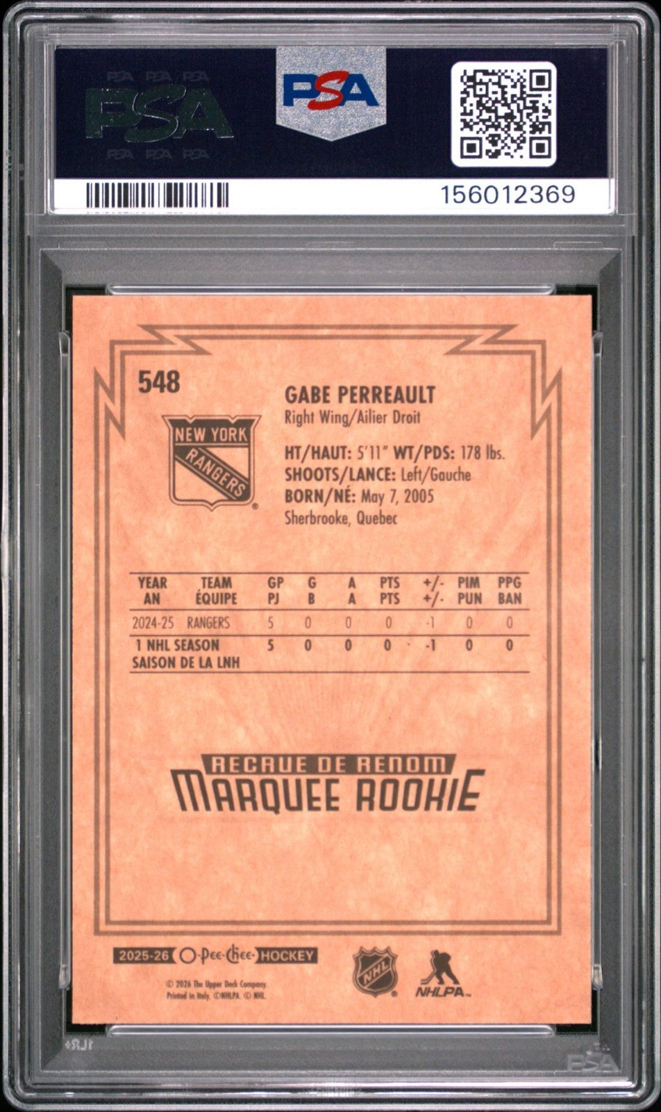 2025-26 O-Pee-Chee O-Pee-Chee #548 Gabe Perreault PSA 10 Graded trading card
