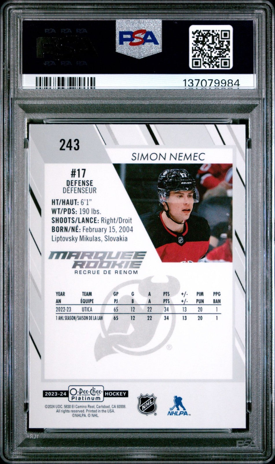 2023-24 O-Pee-Chee Platinum O-Pee-Chee #243 Simon Nemec PSA 7 Graded trading card