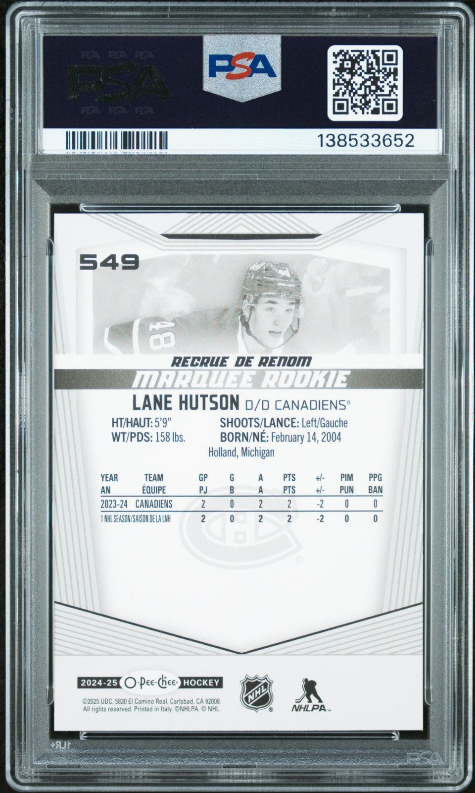 2024-25 O-Pee-Chee O-Pee-Chee #549 Lane Hutson MAR PSA 9 Graded trading card