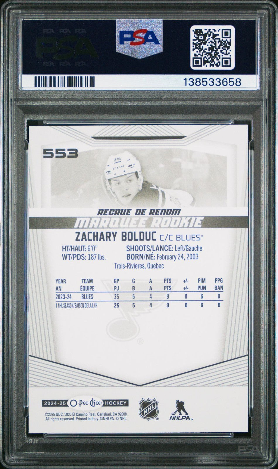 2024-25 O-Pee-Chee O-Pee-Chee #553 Zachary Bolduc MAR PSA 10 Graded trading card