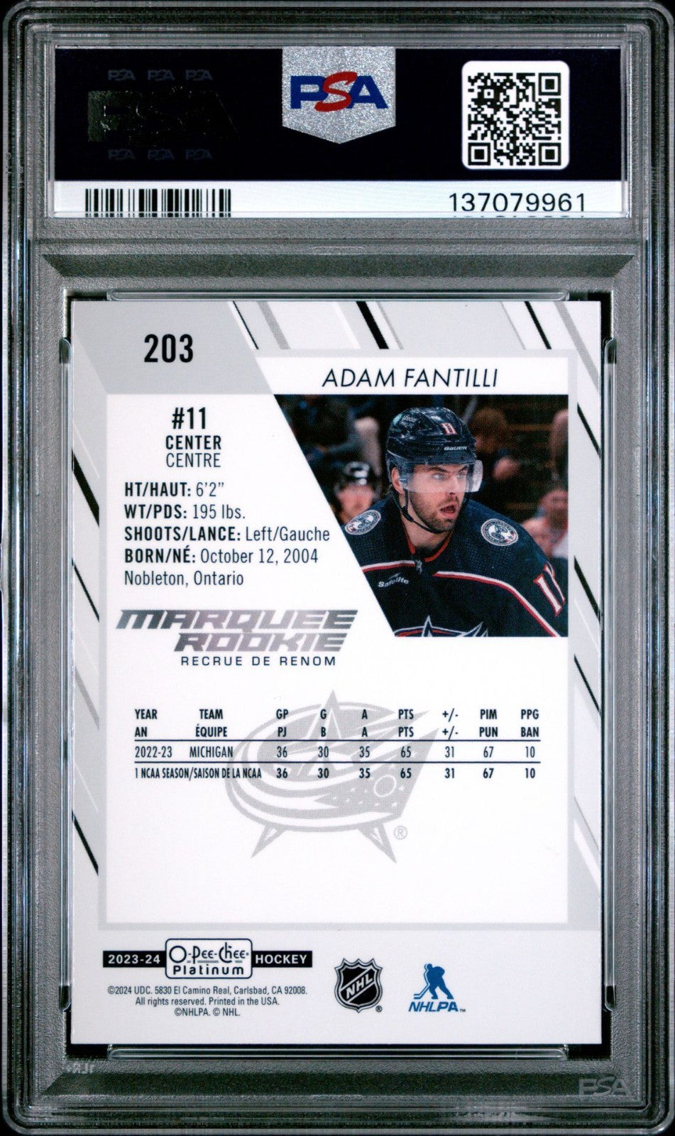 2023-24 O-Pee-Chee Platinum Marquee Rookie #203 ADAM FANTILLI PSA 9