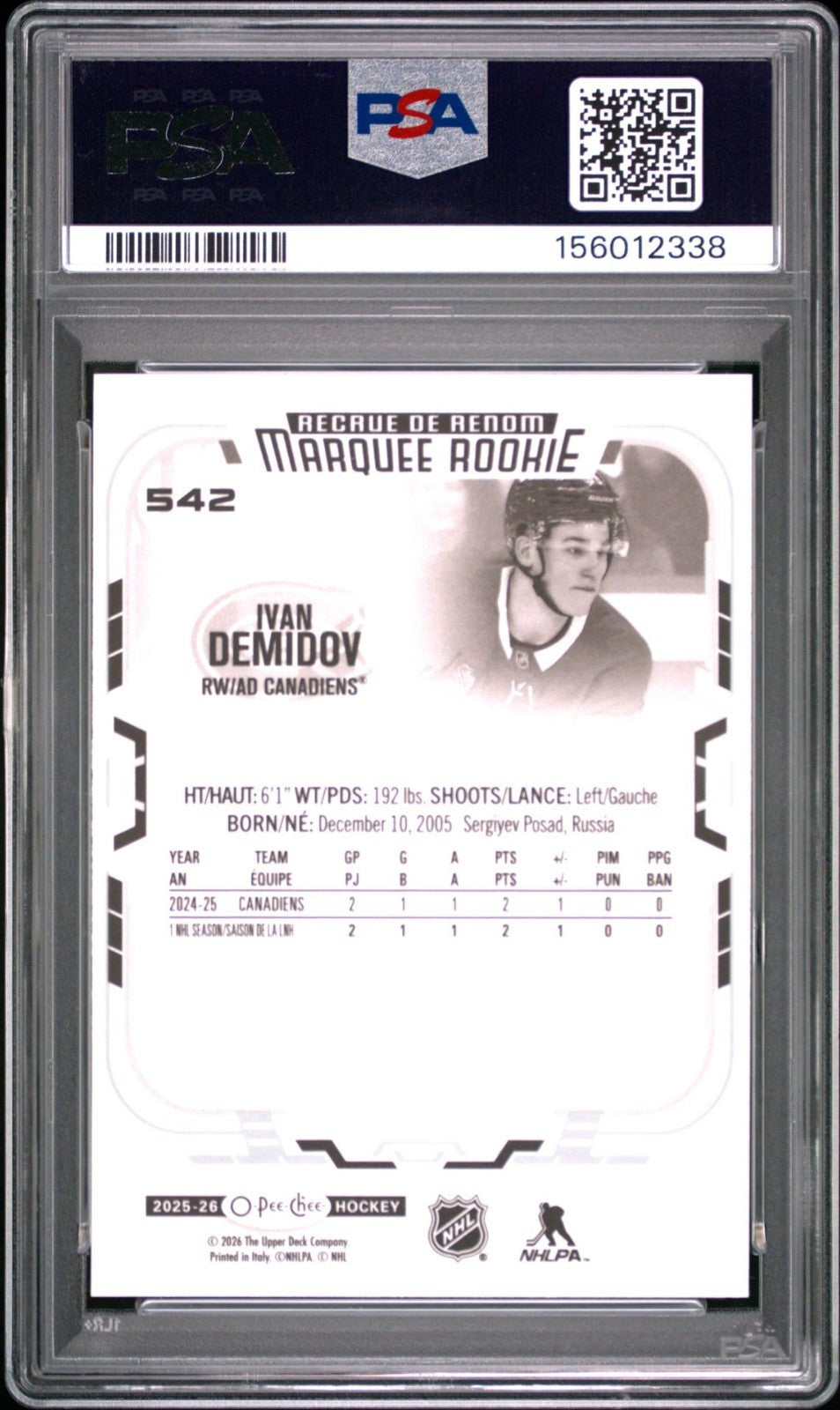 2025-26 O-Pee-Chee O-Pee-Chee #542 Ivan Demidov PSA 10 Graded trading card