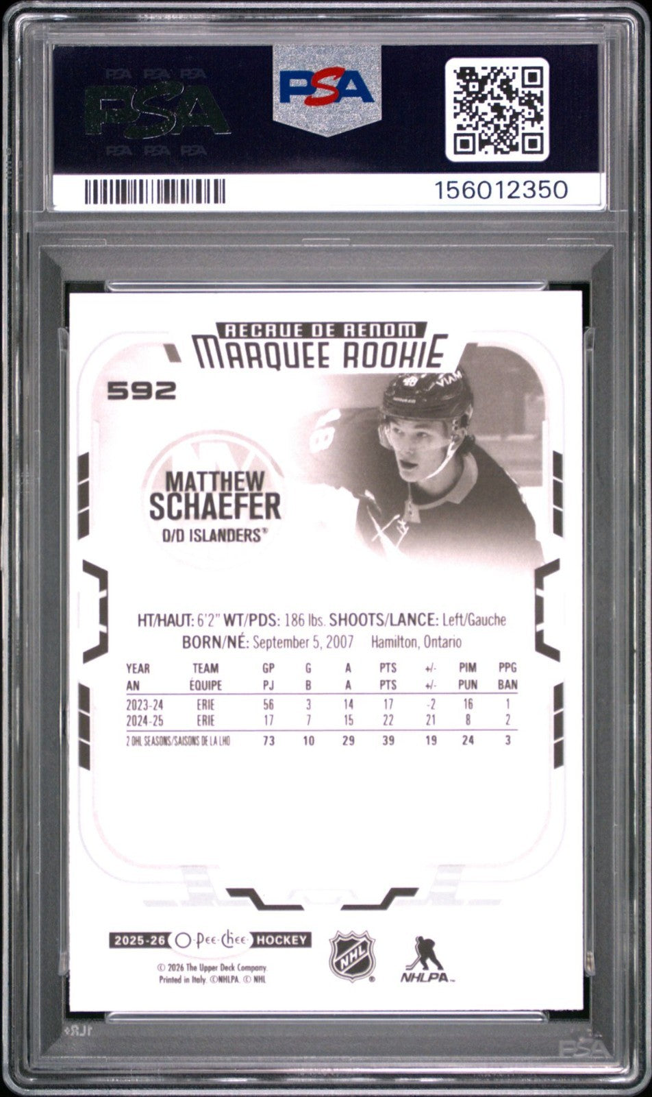 2025-26 O-Pee-Chee O-Pee-Chee #592 Matthew Schaefer PSA 10 Graded trading card