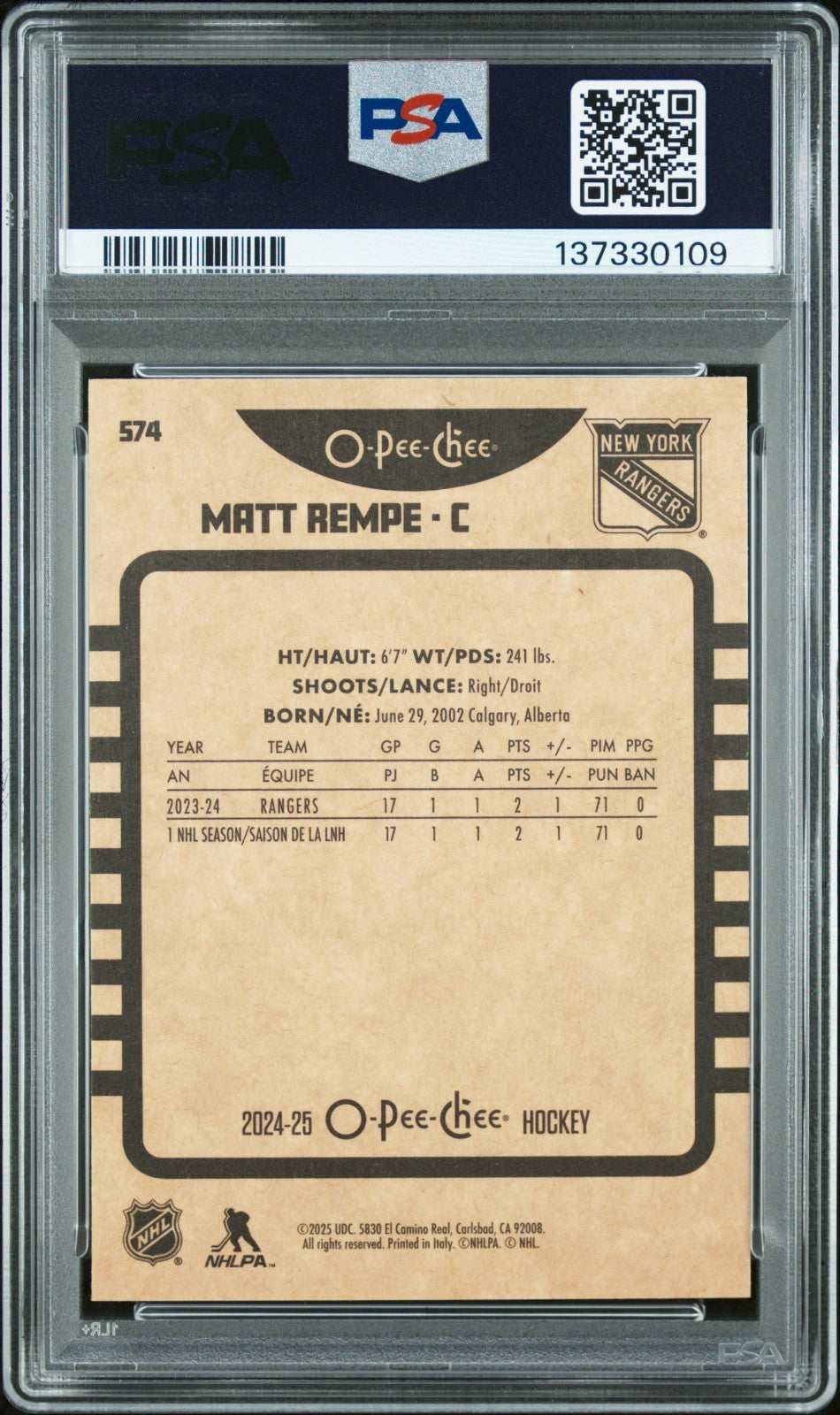2024-25 O-Pee-Chee Marquee Rookie #574 MATT REMPE RETRO PSA 9-137330109