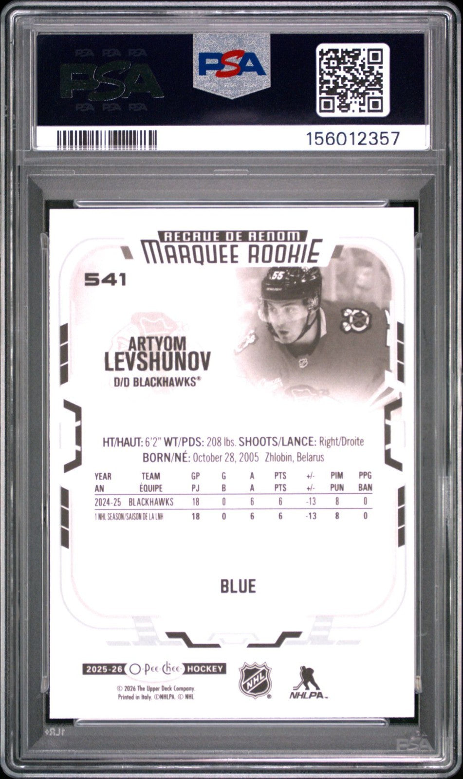 2025-26 O-Pee-Chee O-Pee-Chee #541 Artyom Levshunov PSA 9 Graded trading card