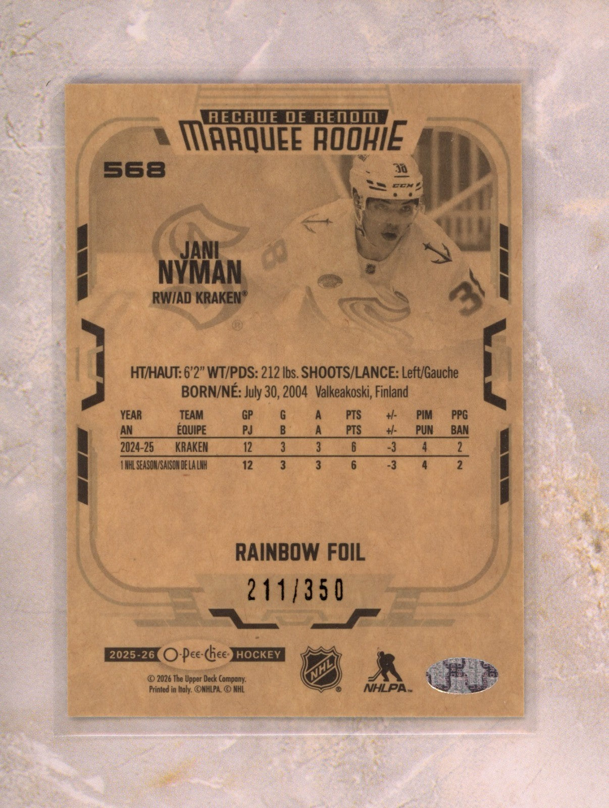 2025-26 O-Pee-Chee O-Pee-Chee #350 Jani Nyman Ultra Rare Raw trading card