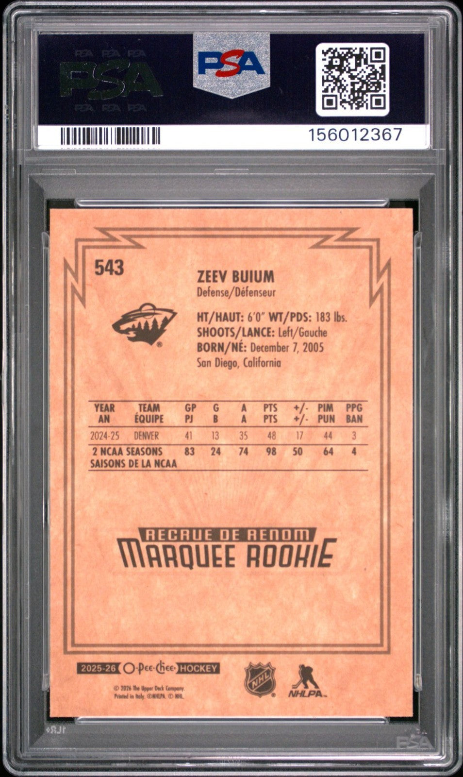 2025-26 O-Pee-Chee O-Pee-Chee #543 Zeev Buium PSA 10 Graded trading card